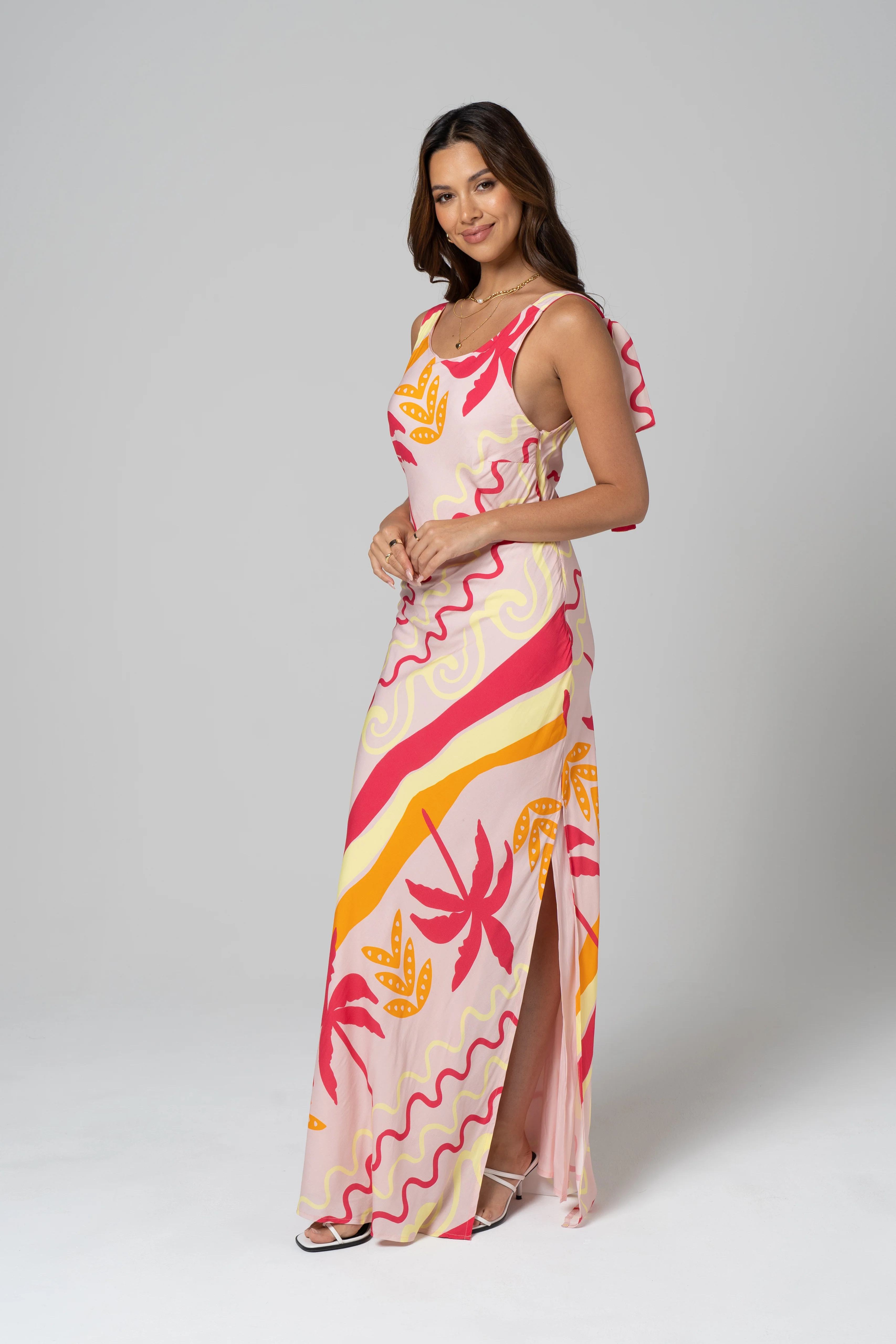 Soleil Pink Tropical Print Maxi Dress with Tie Staps - Image 3