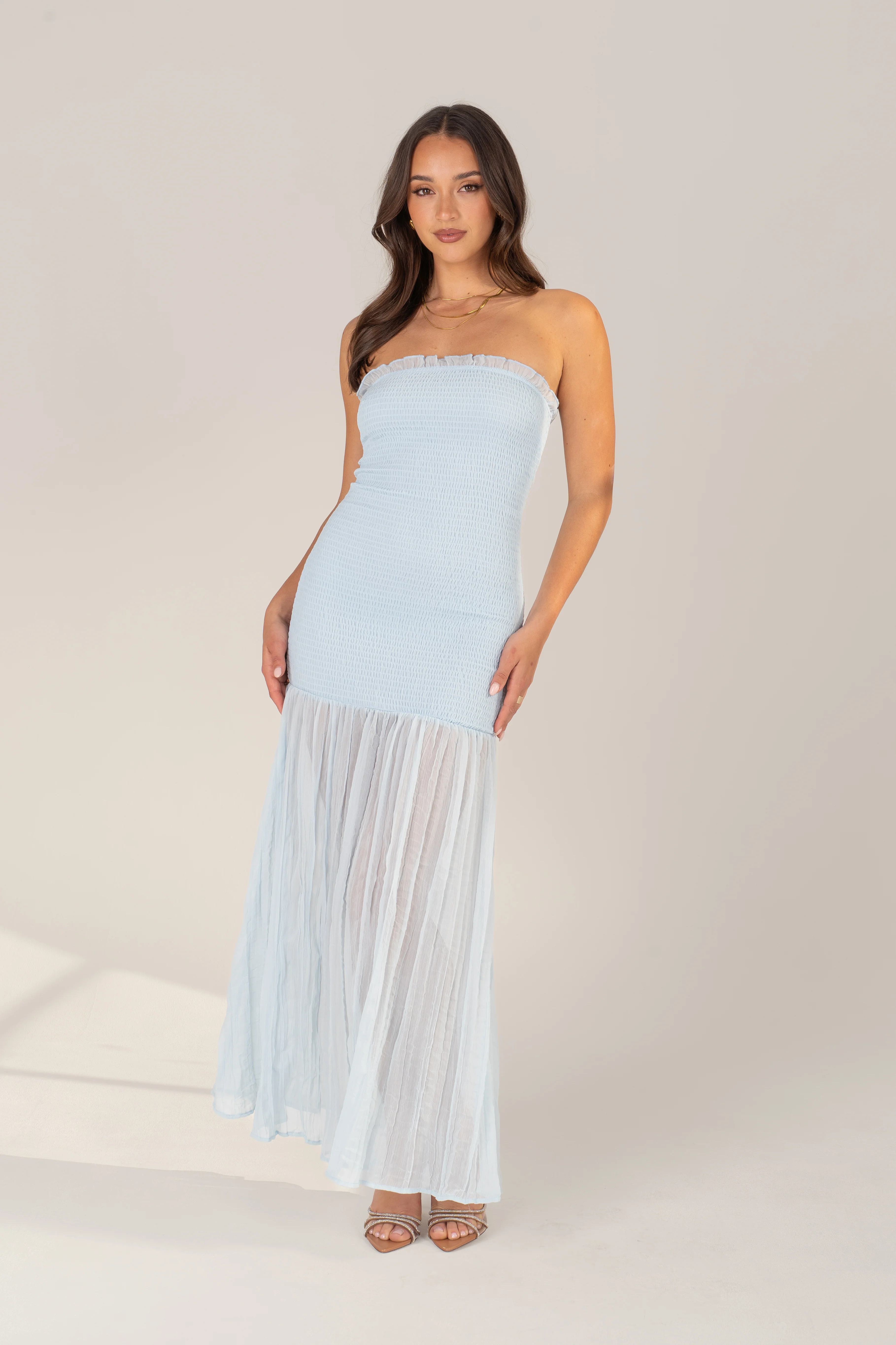 Solenne Soft Blue Strapless Maxi with Sheer Hem