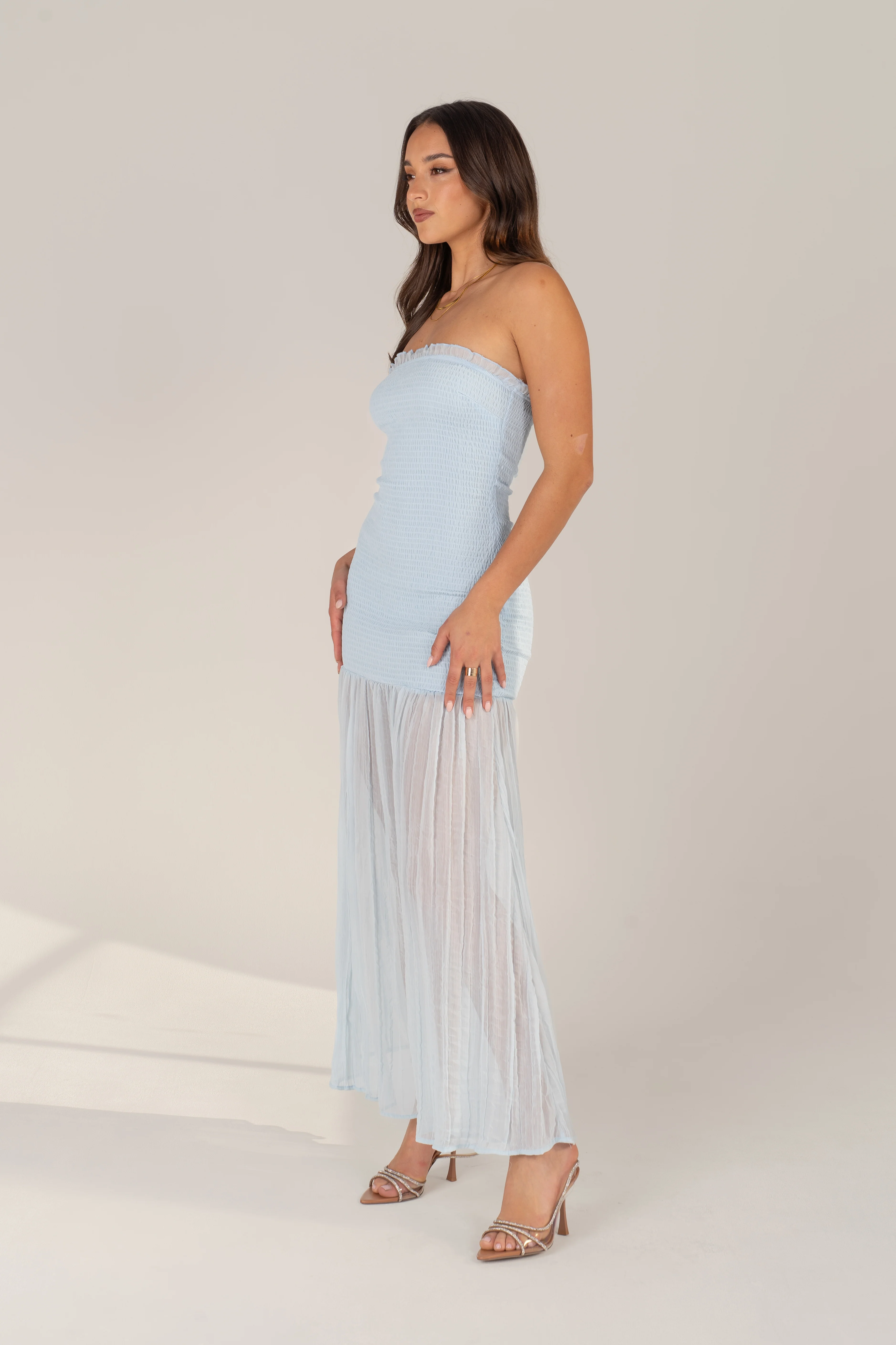 Solenne Soft Blue Strapless Maxi with Sheer Hem - Image 2