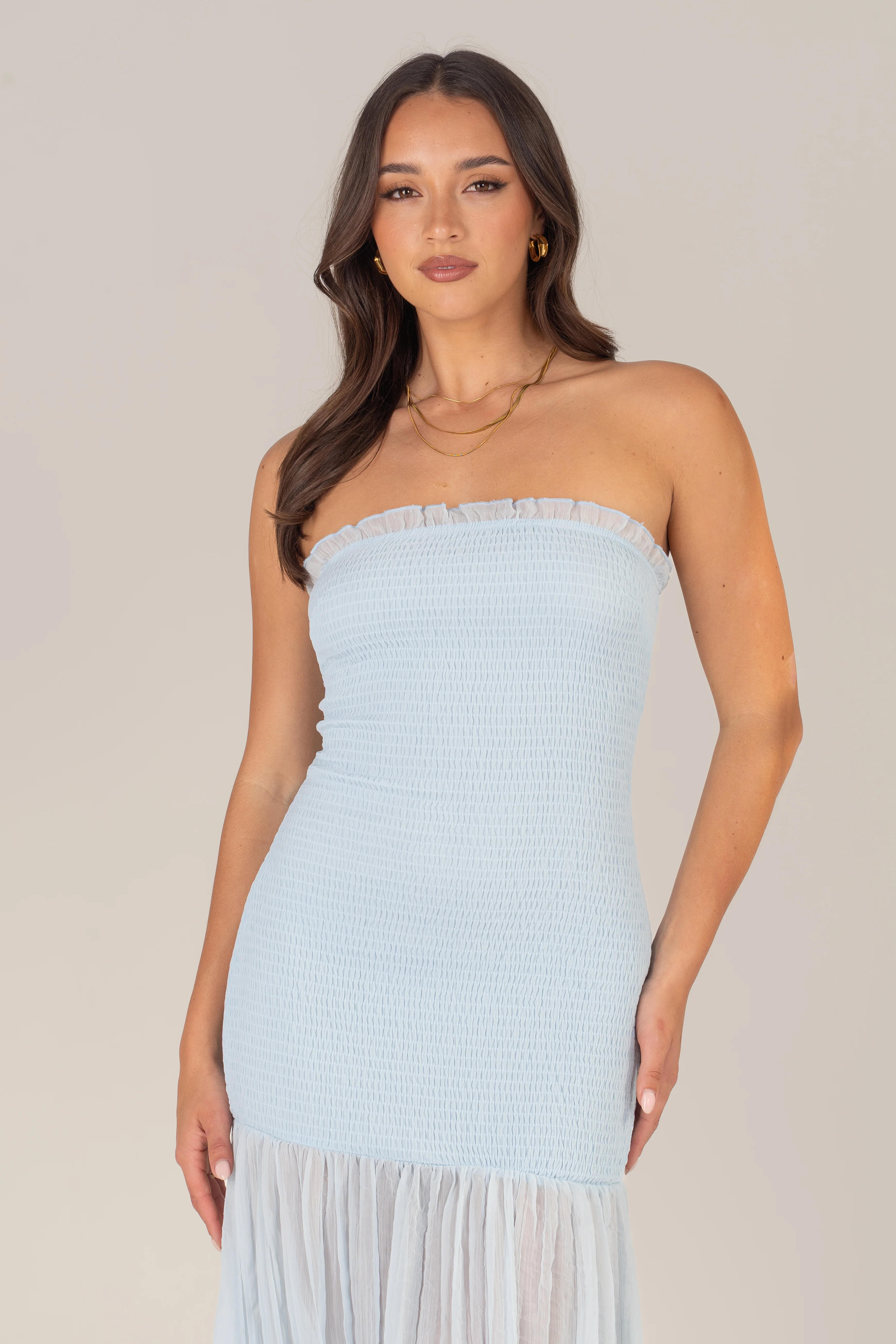 Solenne Soft Blue Strapless Maxi with Sheer Hem - Image 4