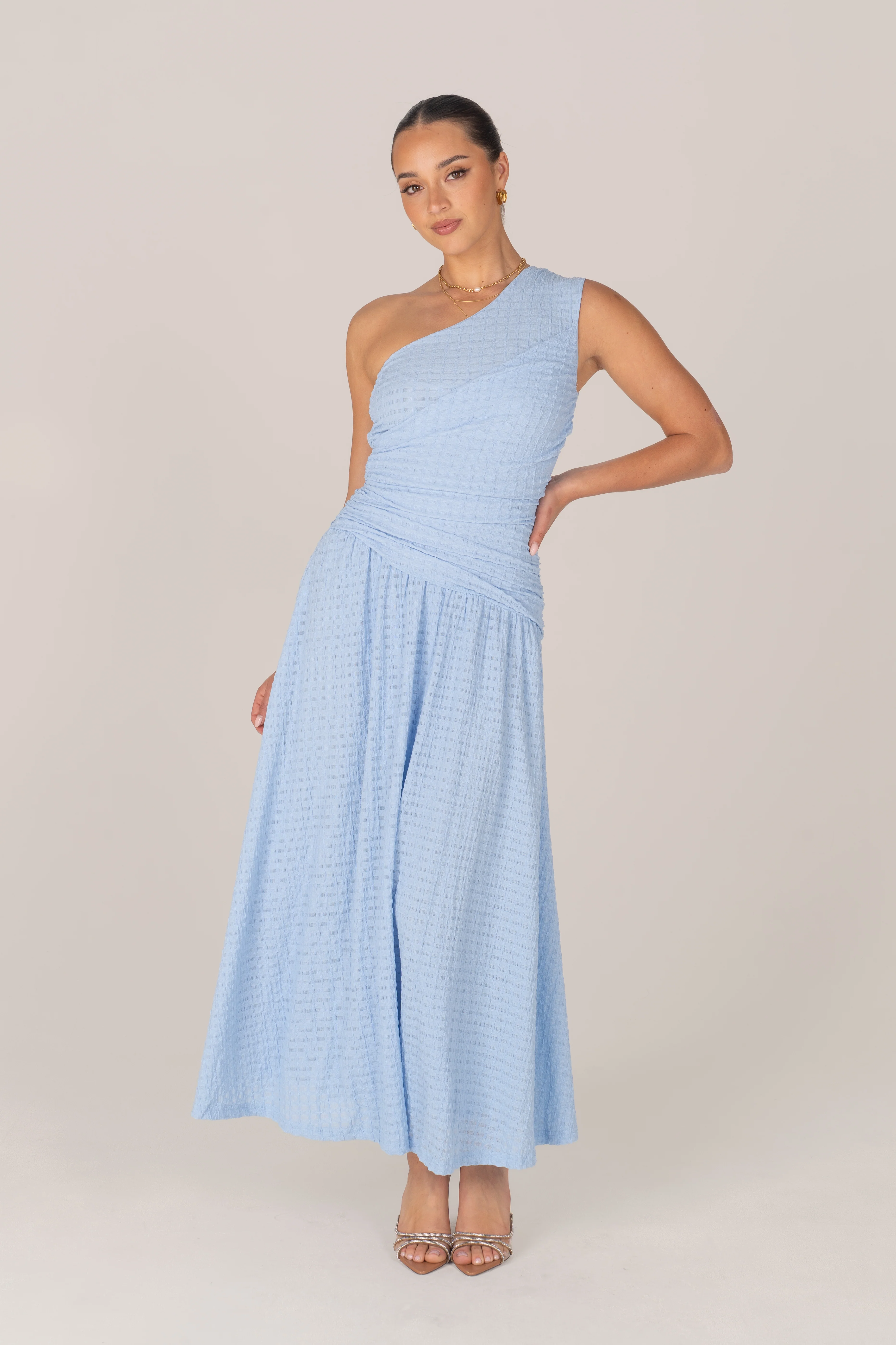 Tahlia One-Shoulder Blue Gathered Midi Dress