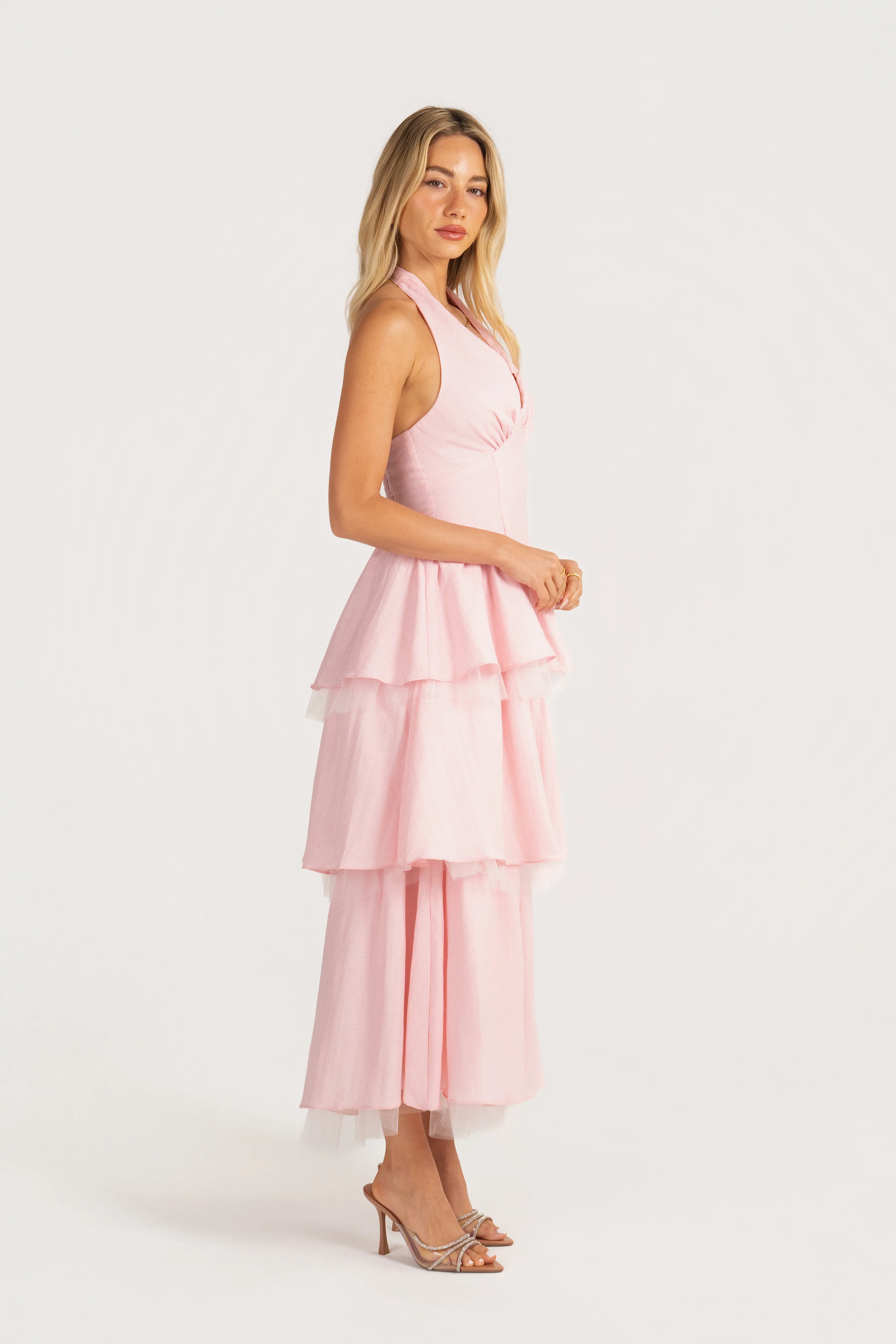 Taisia Pink Halter Neck Dress with Ruffle Tiers - Image 3