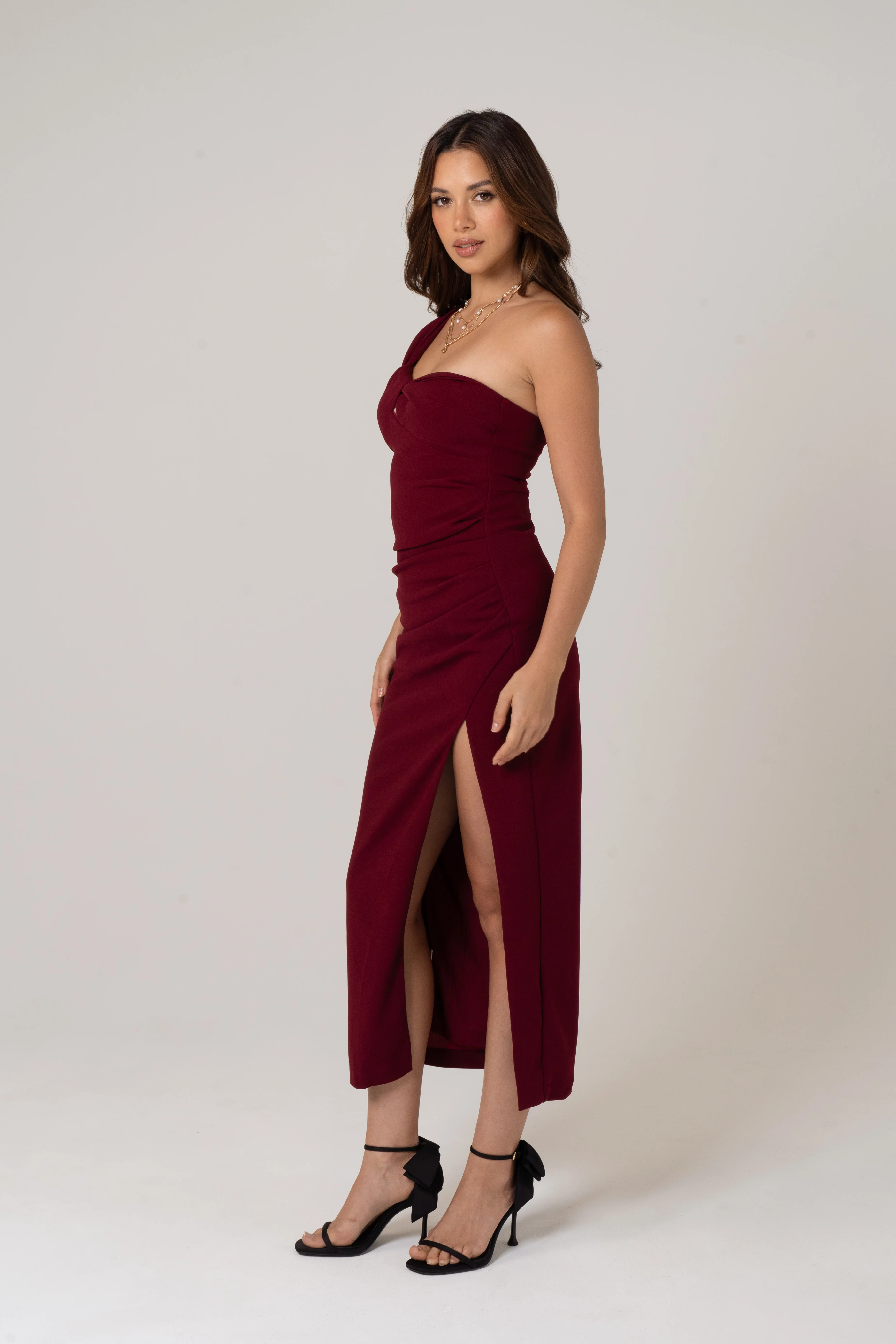 Tana Maroon One Shoulder Midi Dress - Image 2