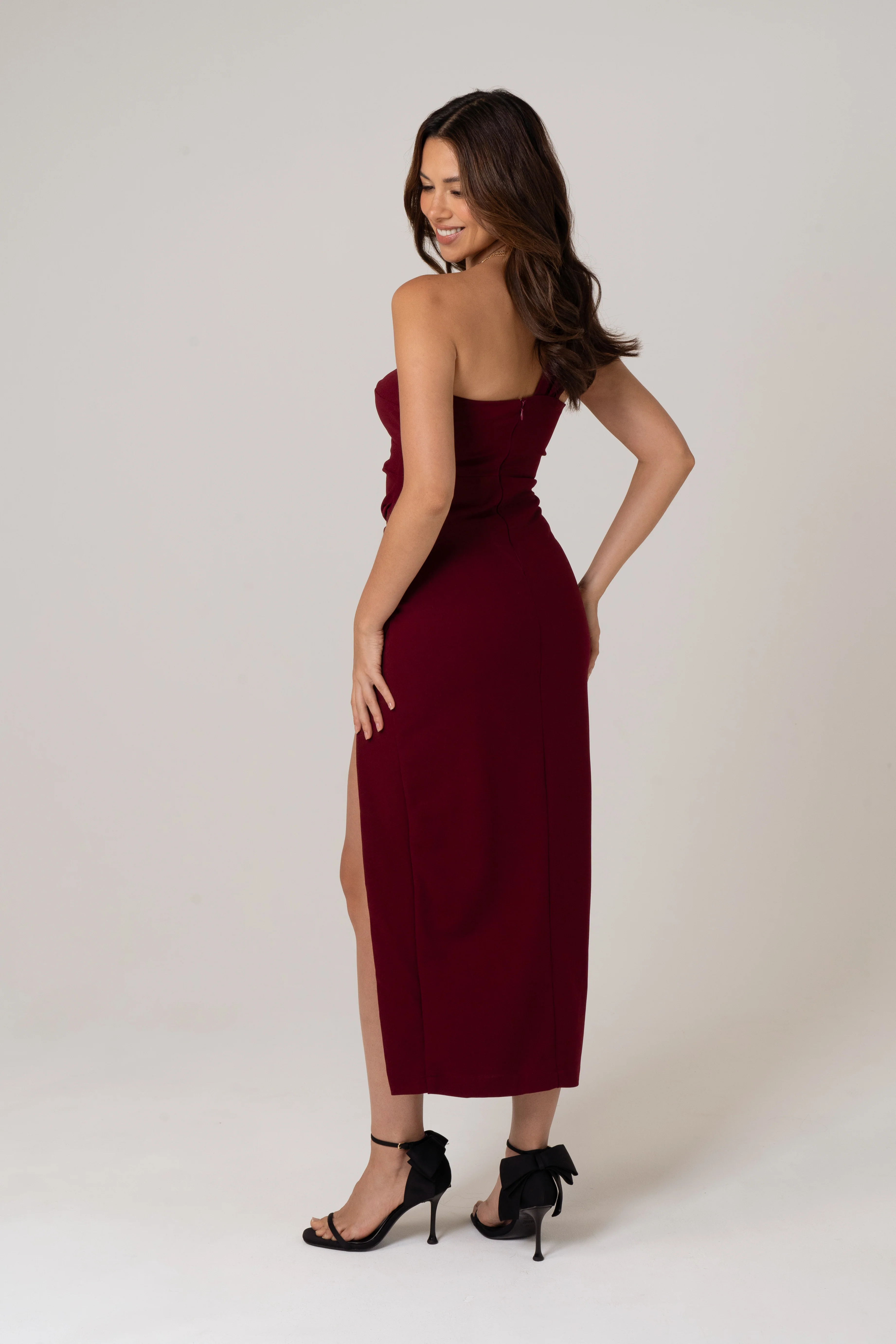Tana Maroon One Shoulder Midi Dress - Image 3