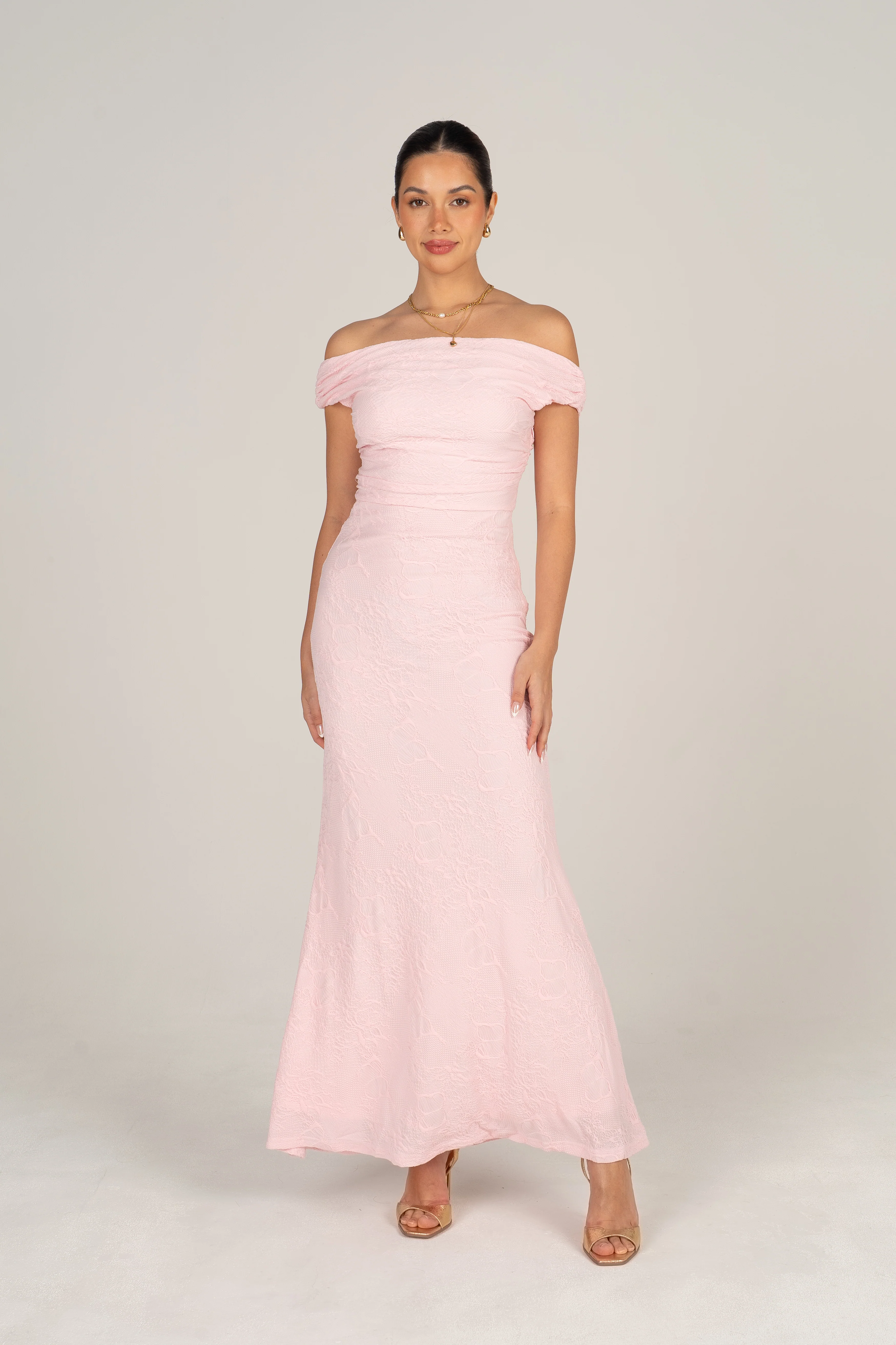 Teagan Off-Shoulder Pink Lace Midi