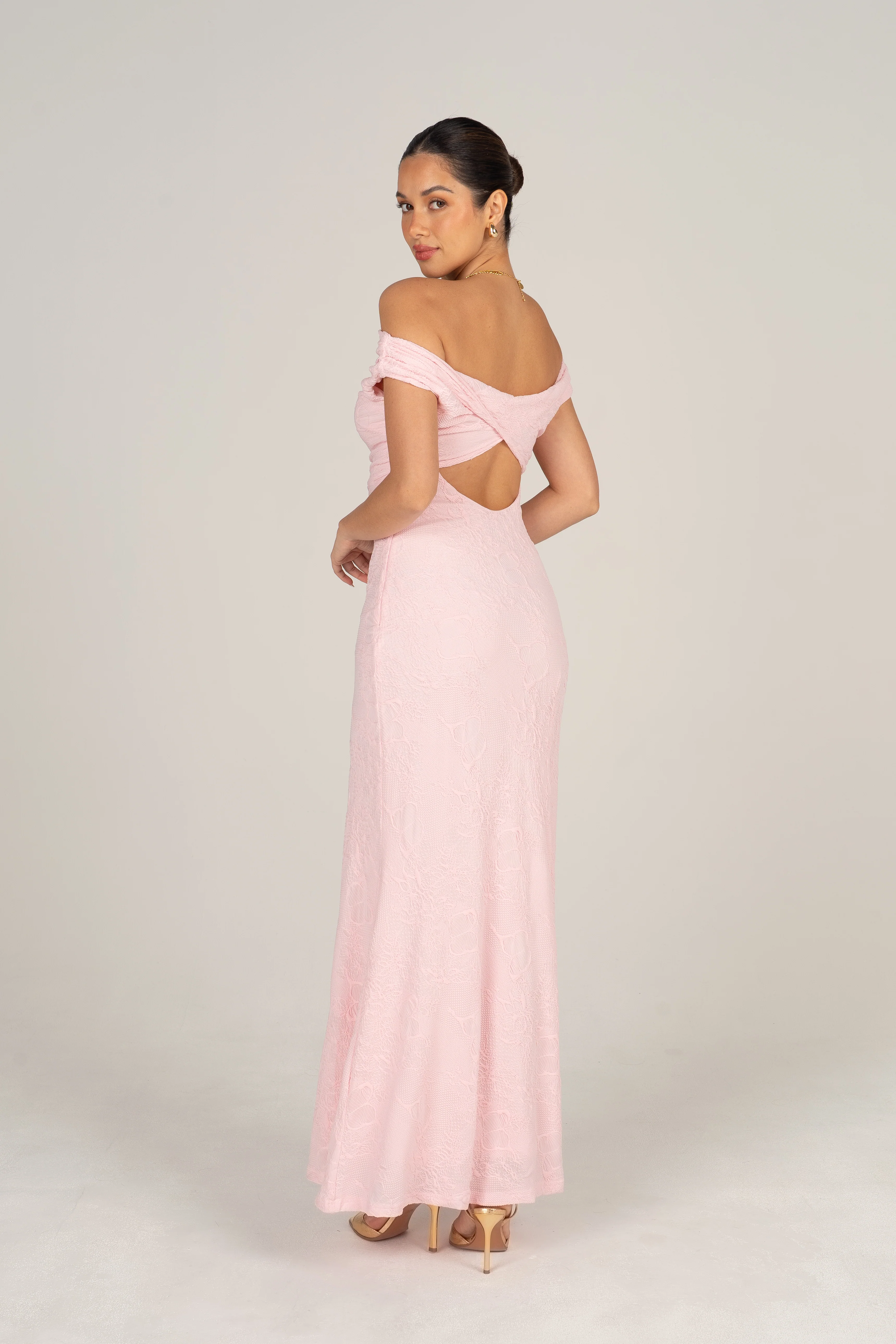 Teagan Off-Shoulder Pink Lace Midi - Image 3