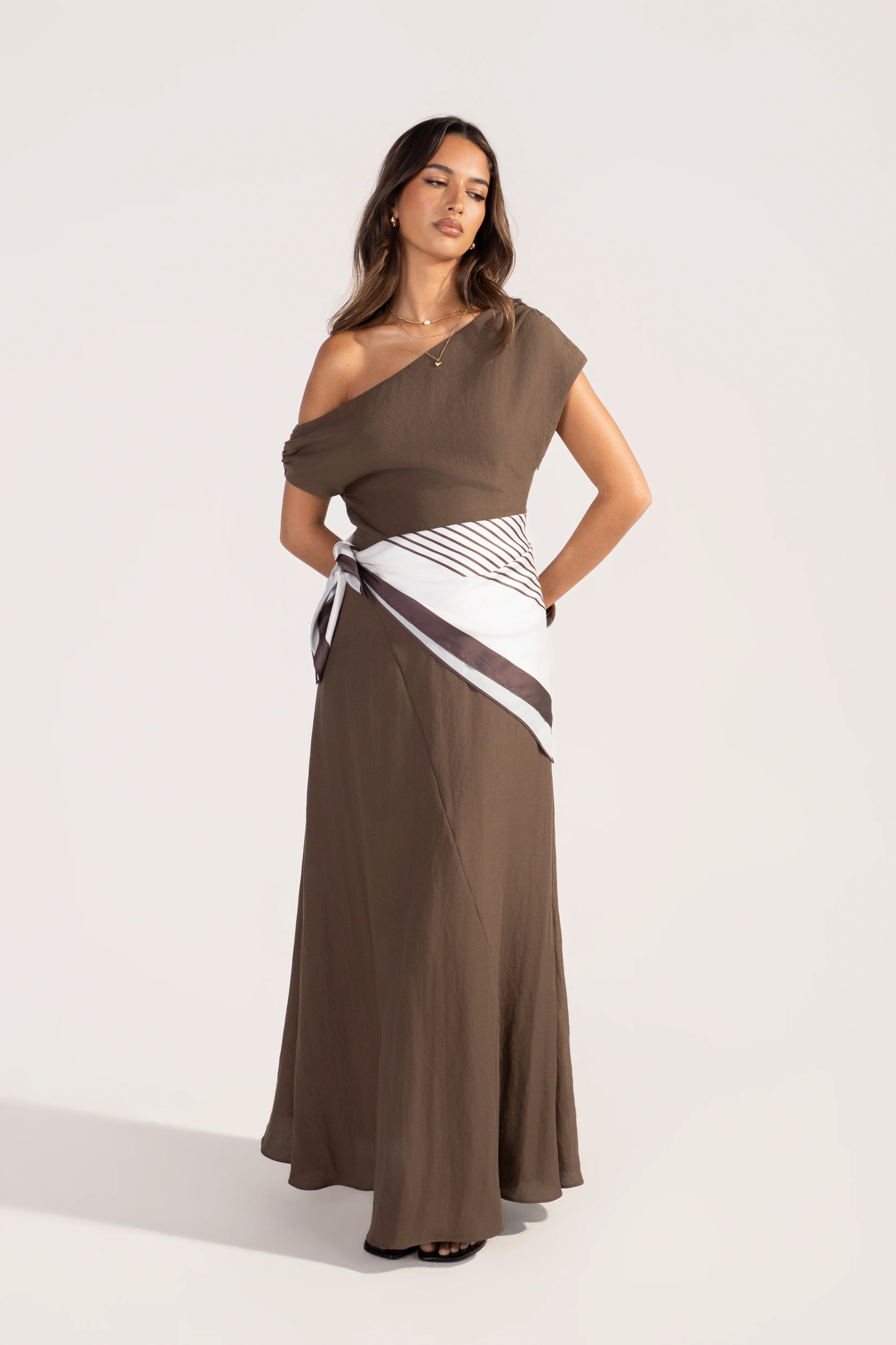 Tonya Chocolate Drop Shoulder Maxi with Waist Scarf - Image 3