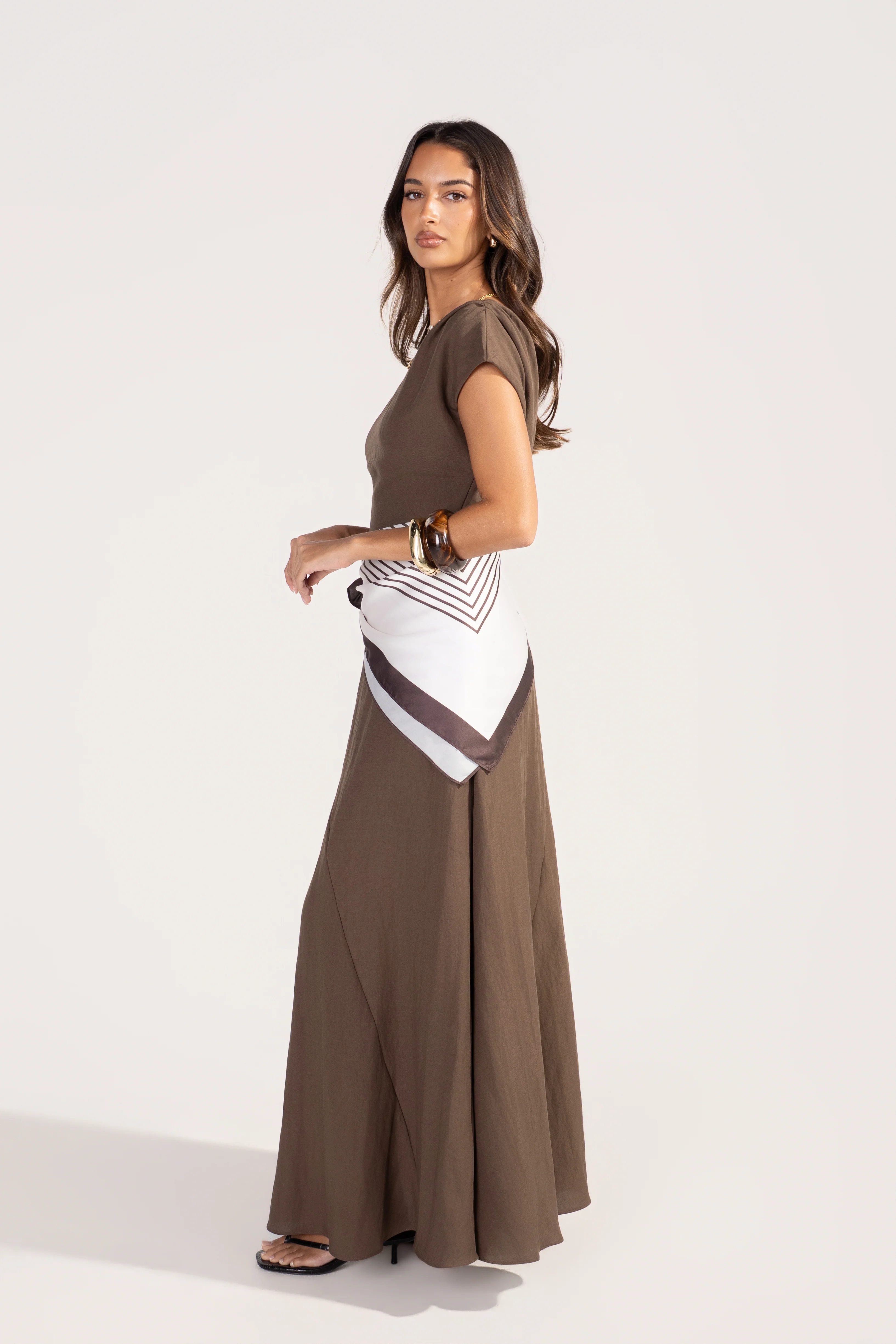 Tonya Chocolate Drop Shoulder Maxi with Waist Scarf - Image 4