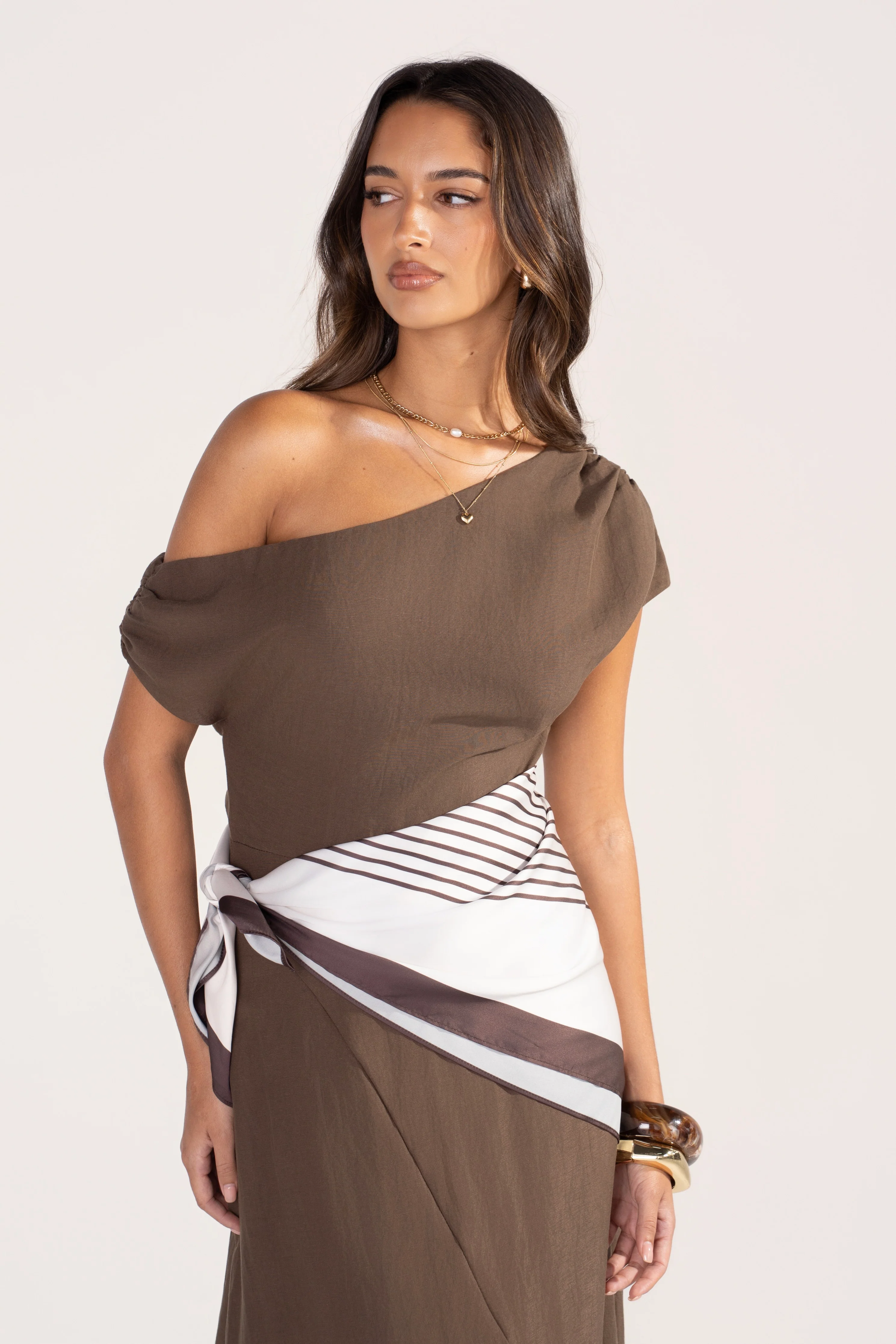 Tonya Chocolate Drop Shoulder Maxi with Waist Scarf - Image 6