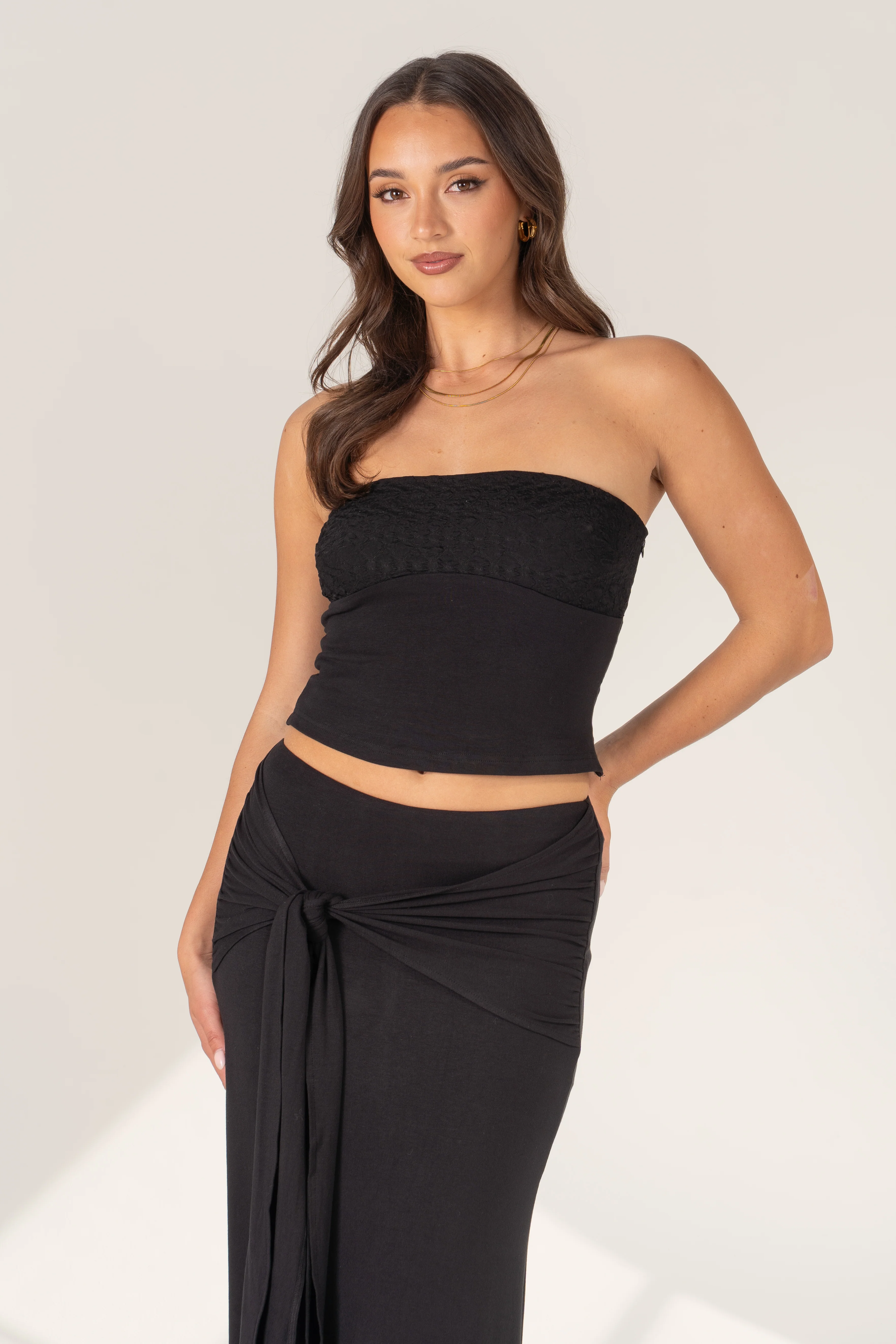 Uma Black Two Piece Set - Strapless Top & Adjustable Tie Maxi Skirt