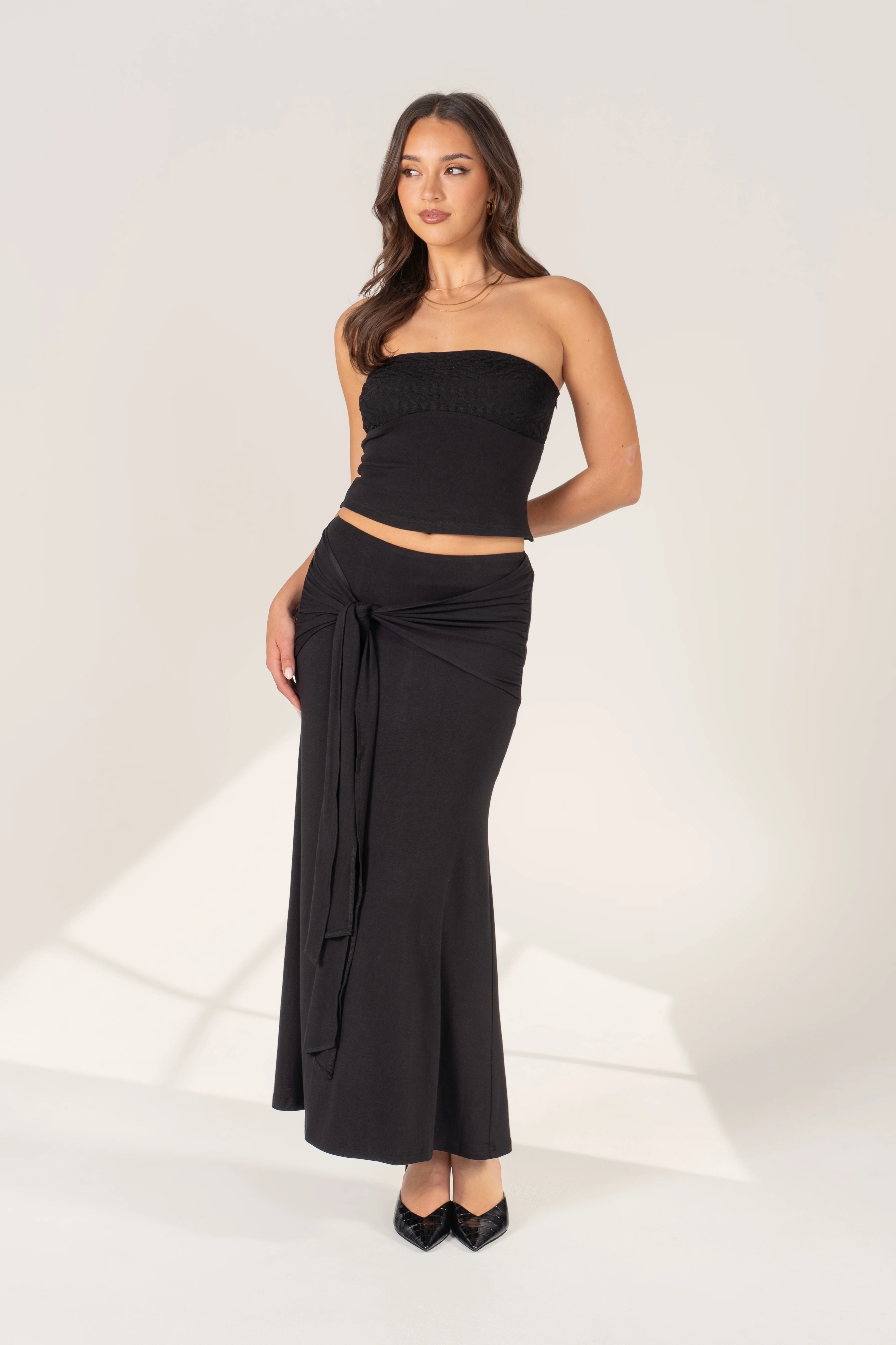 Uma Black Two Piece Set - Strapless Top & Adjustable Tie Maxi Skirt - Image 2