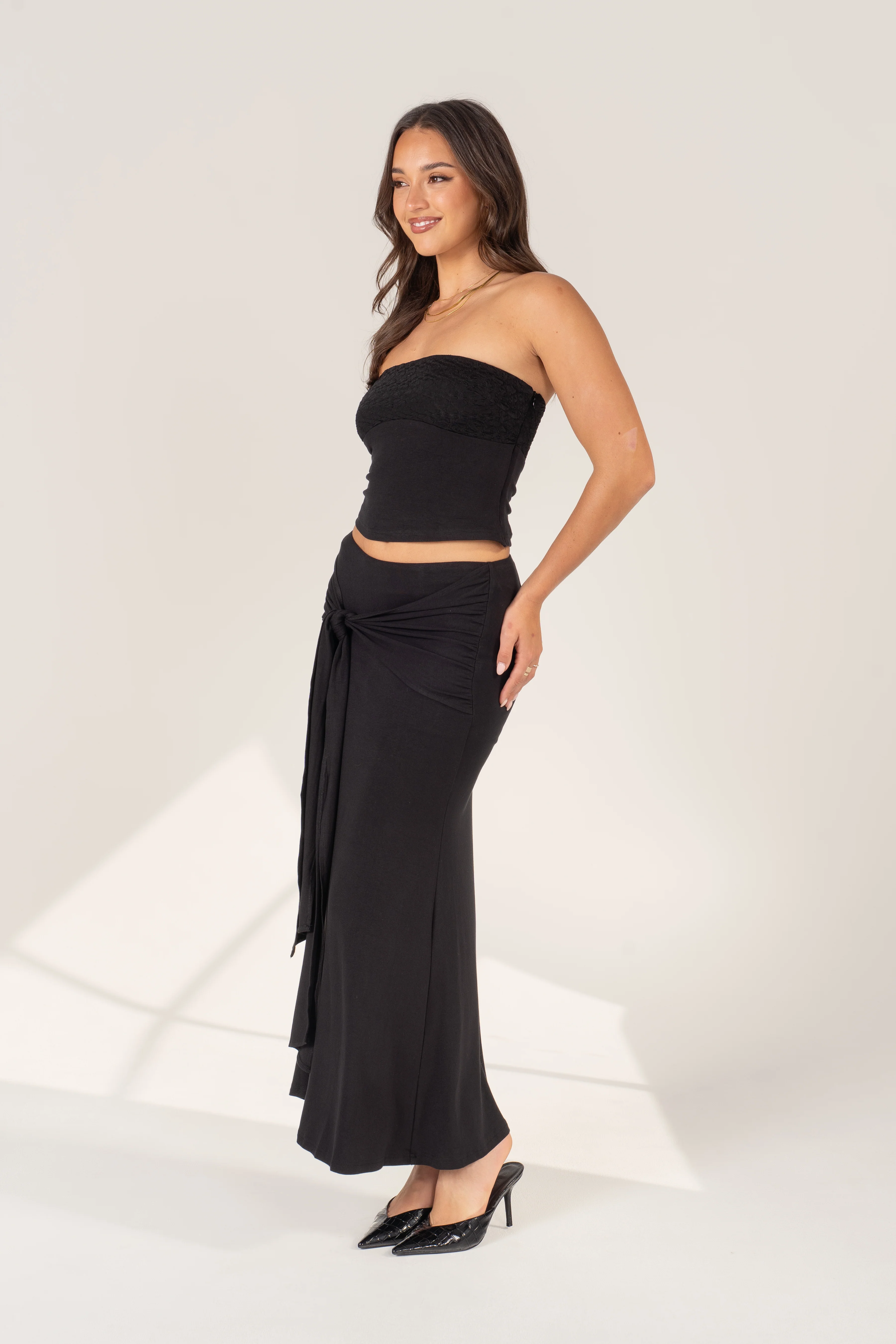 Uma Black Two Piece Set - Strapless Top & Adjustable Tie Maxi Skirt - Image 3