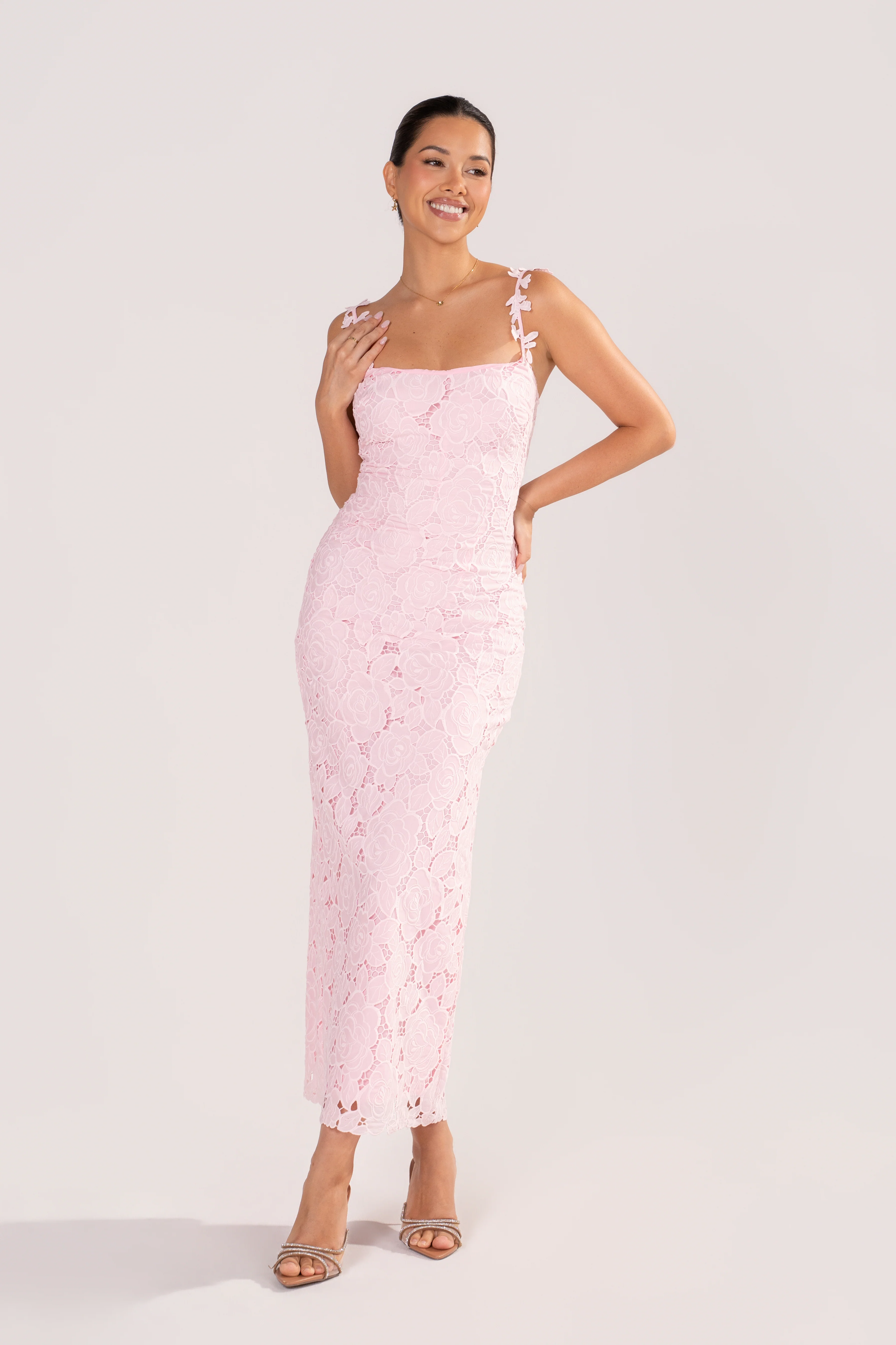 Veda Pink Floral Lace Midi Dress