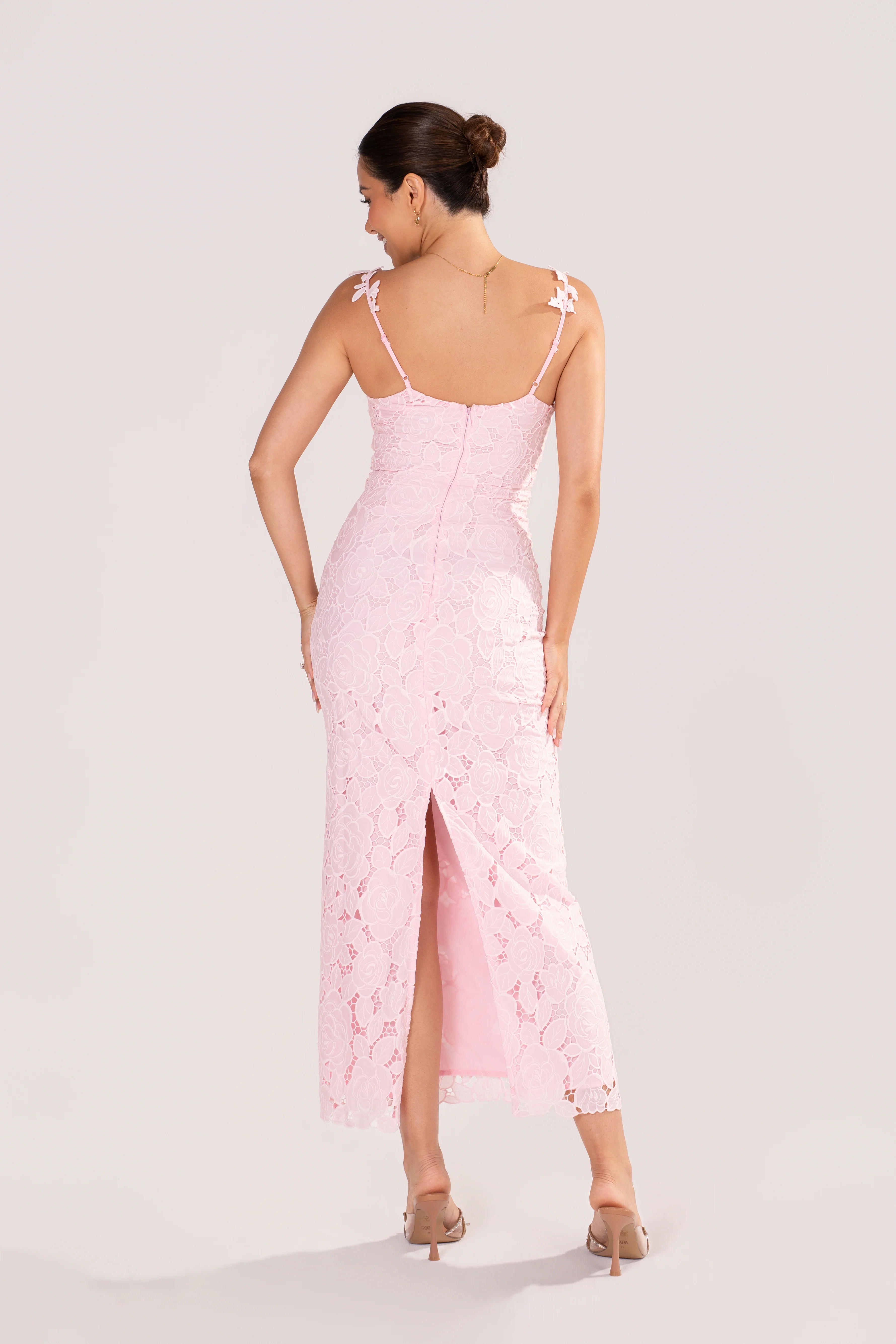 Veda Pink Floral Lace Midi Dress - Image 3
