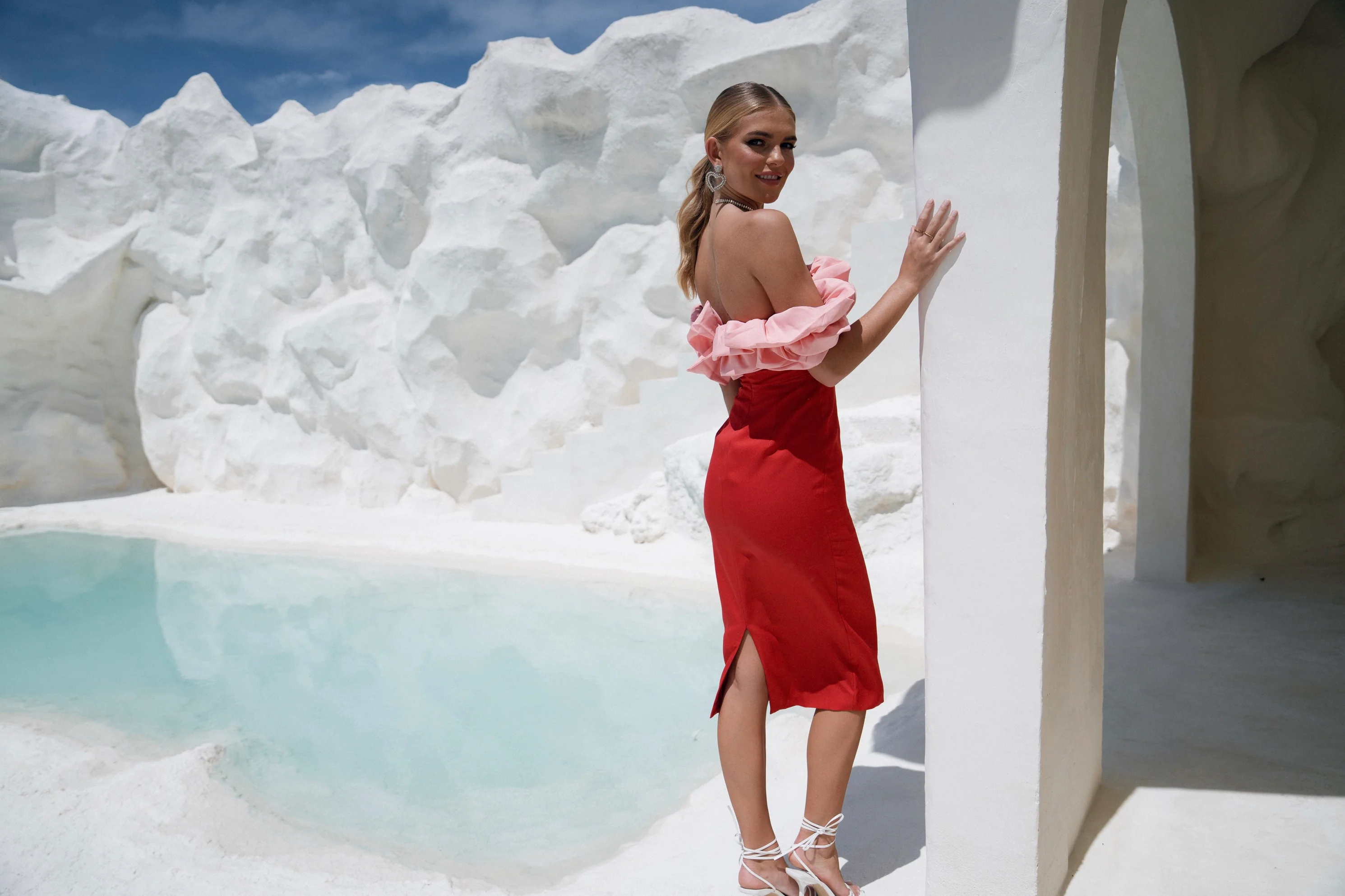 Veronica Strapless Midi Dress with Ruffle Details - Image 4