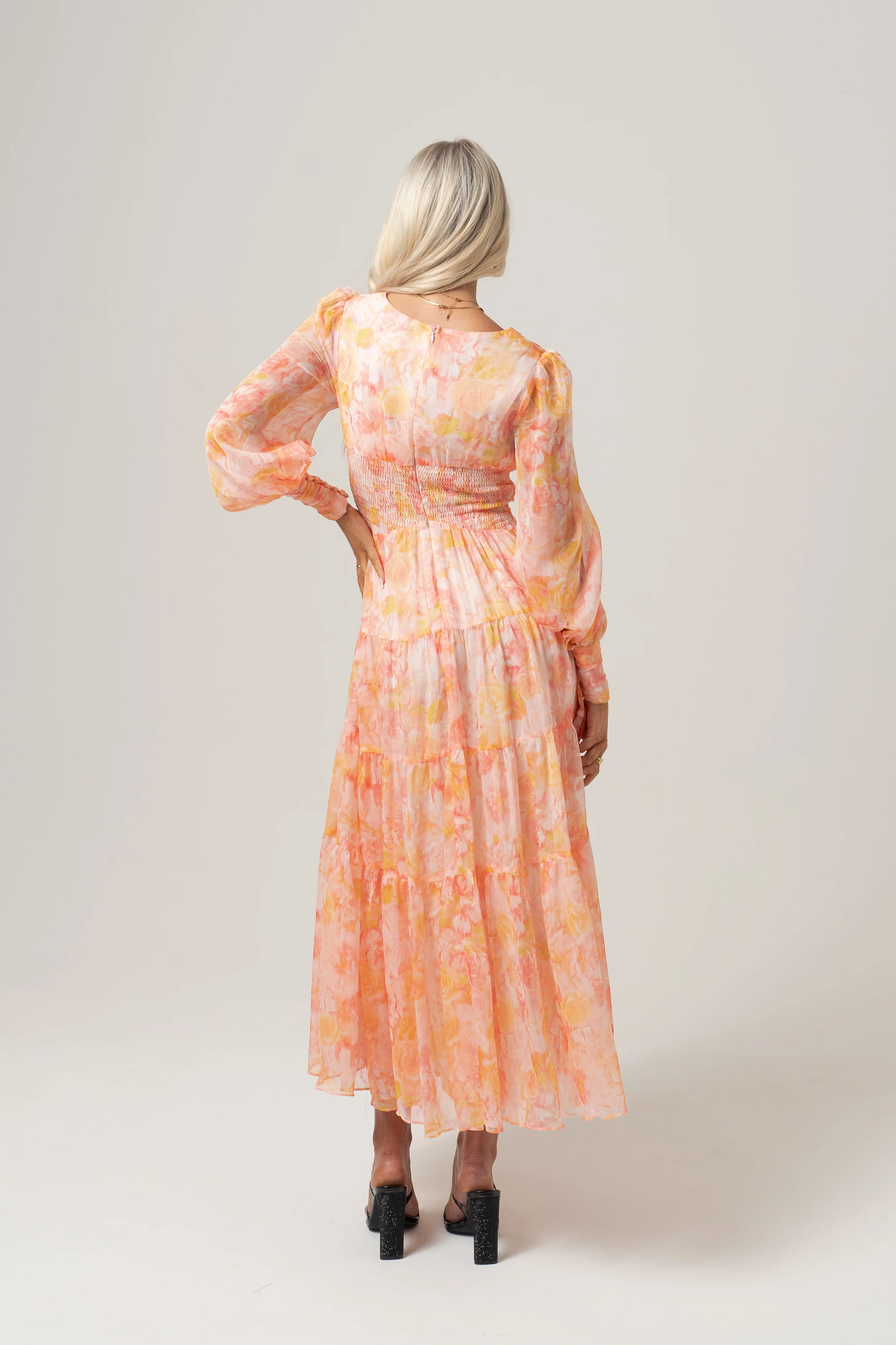 Victoria Peach Print Midi Dress with Long Sleeves - Image 3