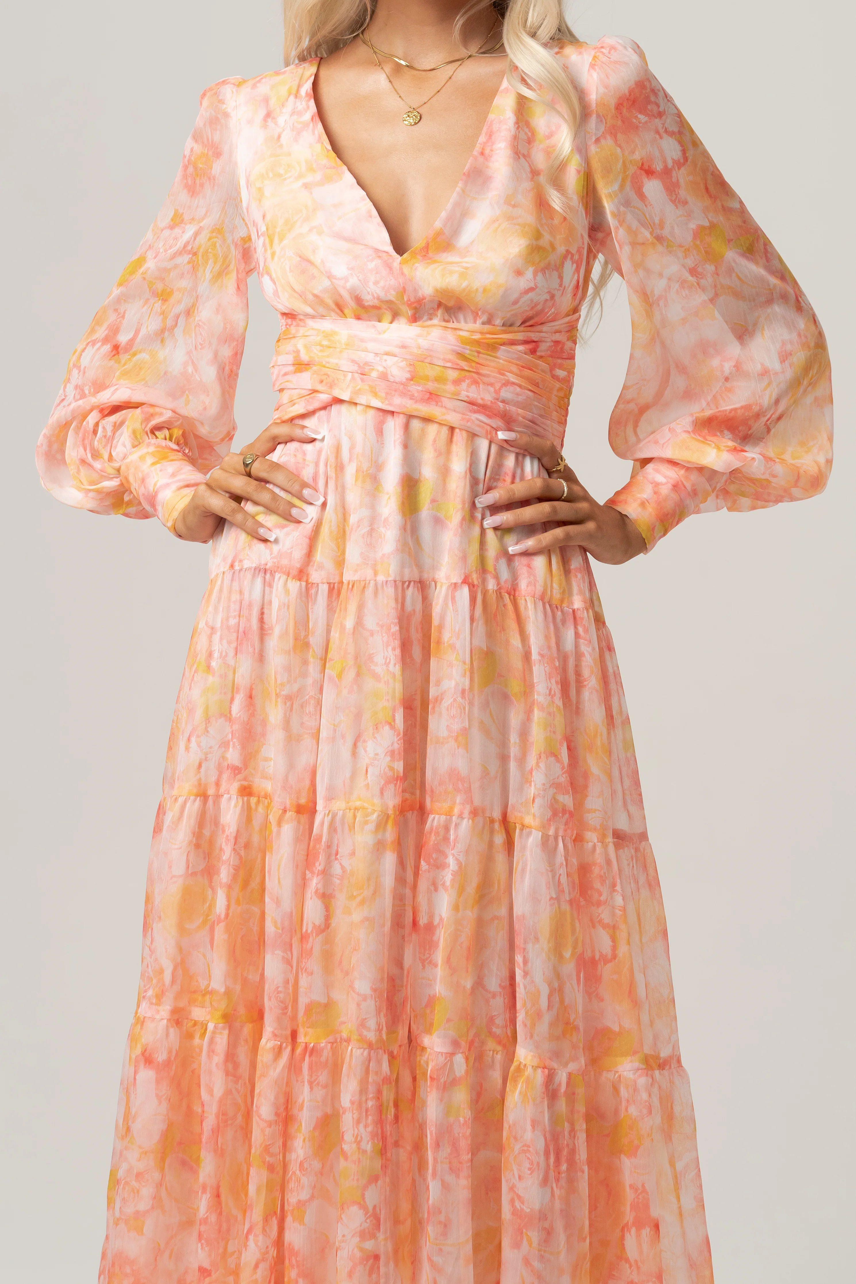 Victoria Peach Print Midi Dress with Long Sleeves - Image 4