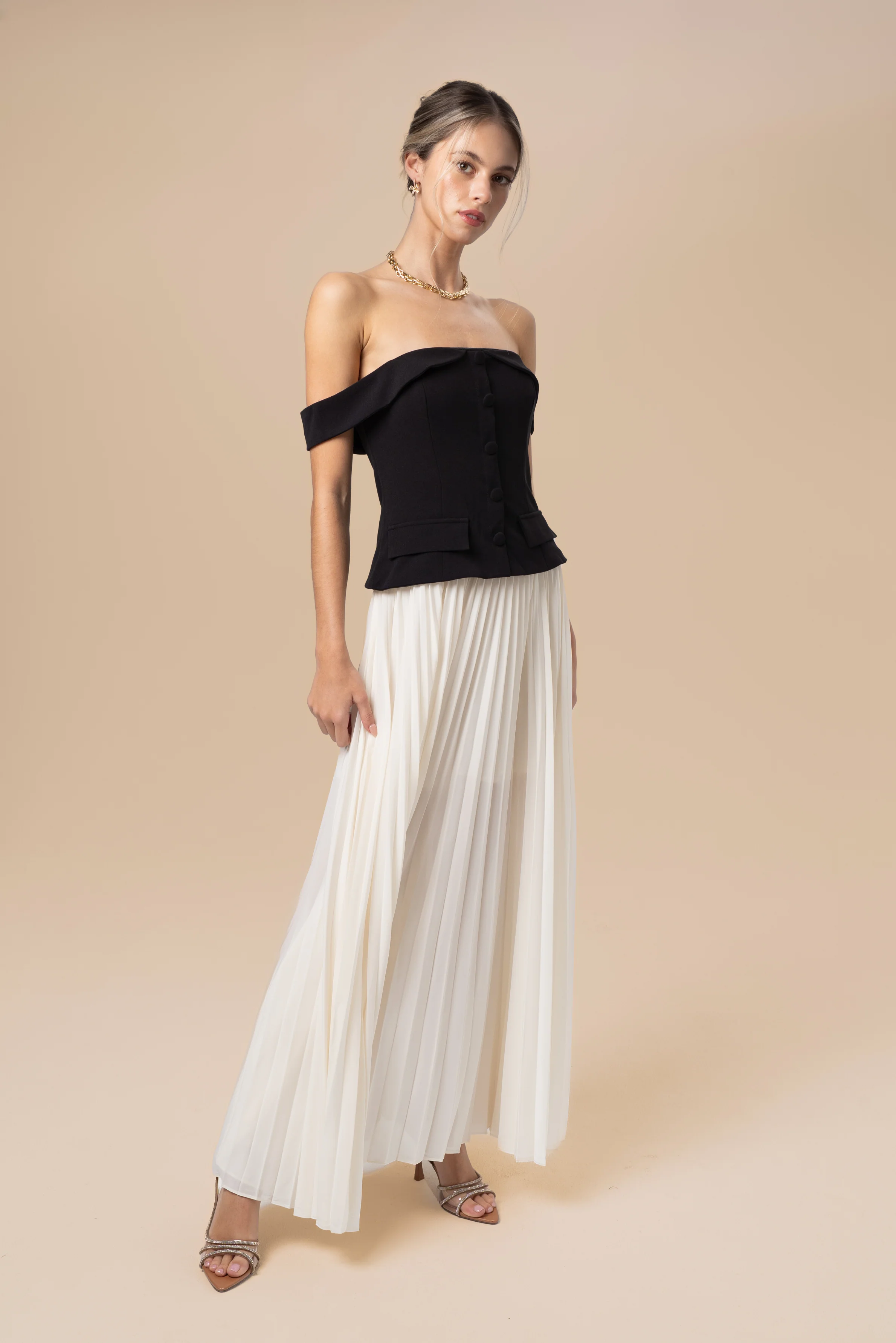 Vivienne Off-Shoulder Black & White Maxi Dress - Image 3