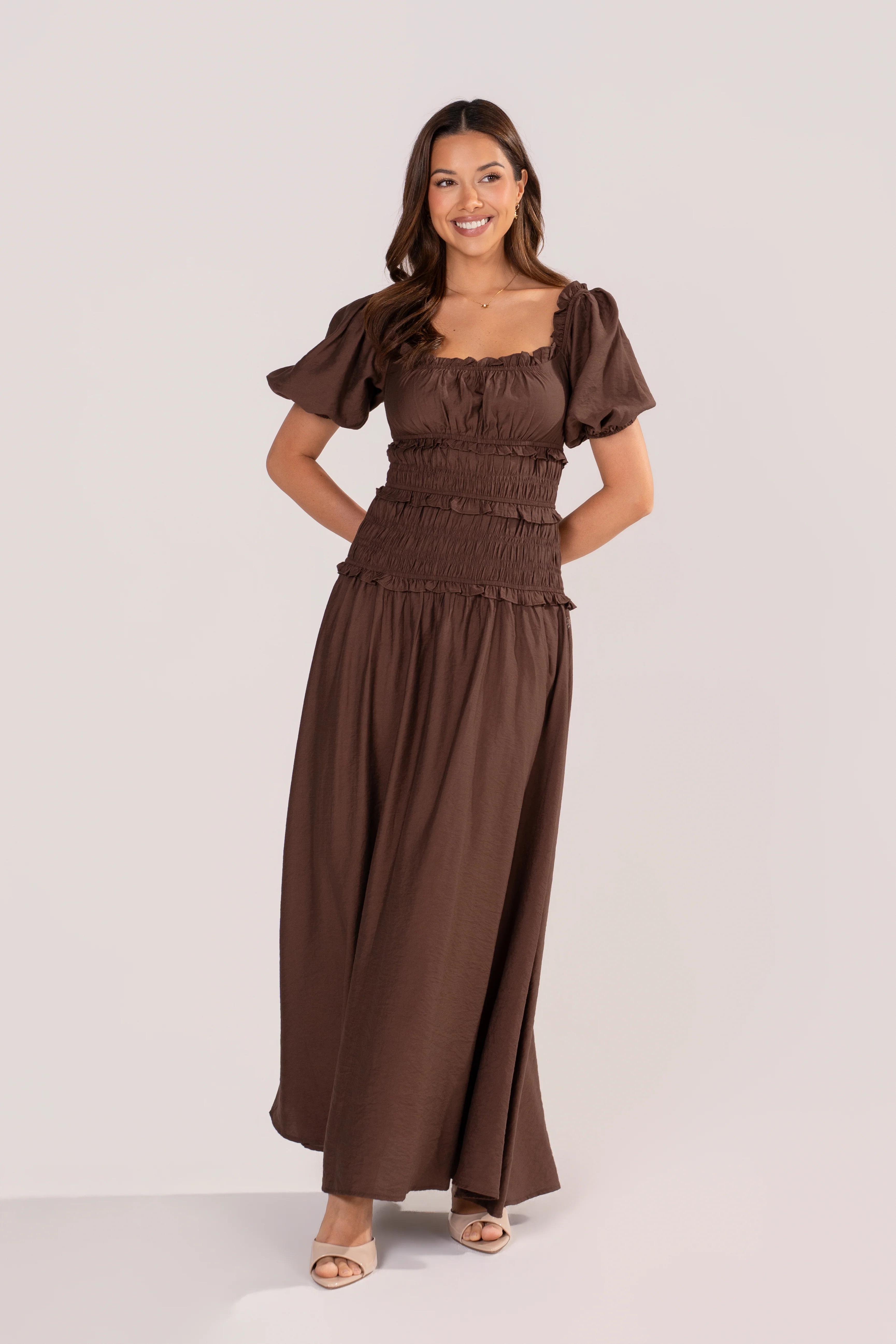 Whitley Chocolate Puff Sleeve Smocked Dress - Image 2