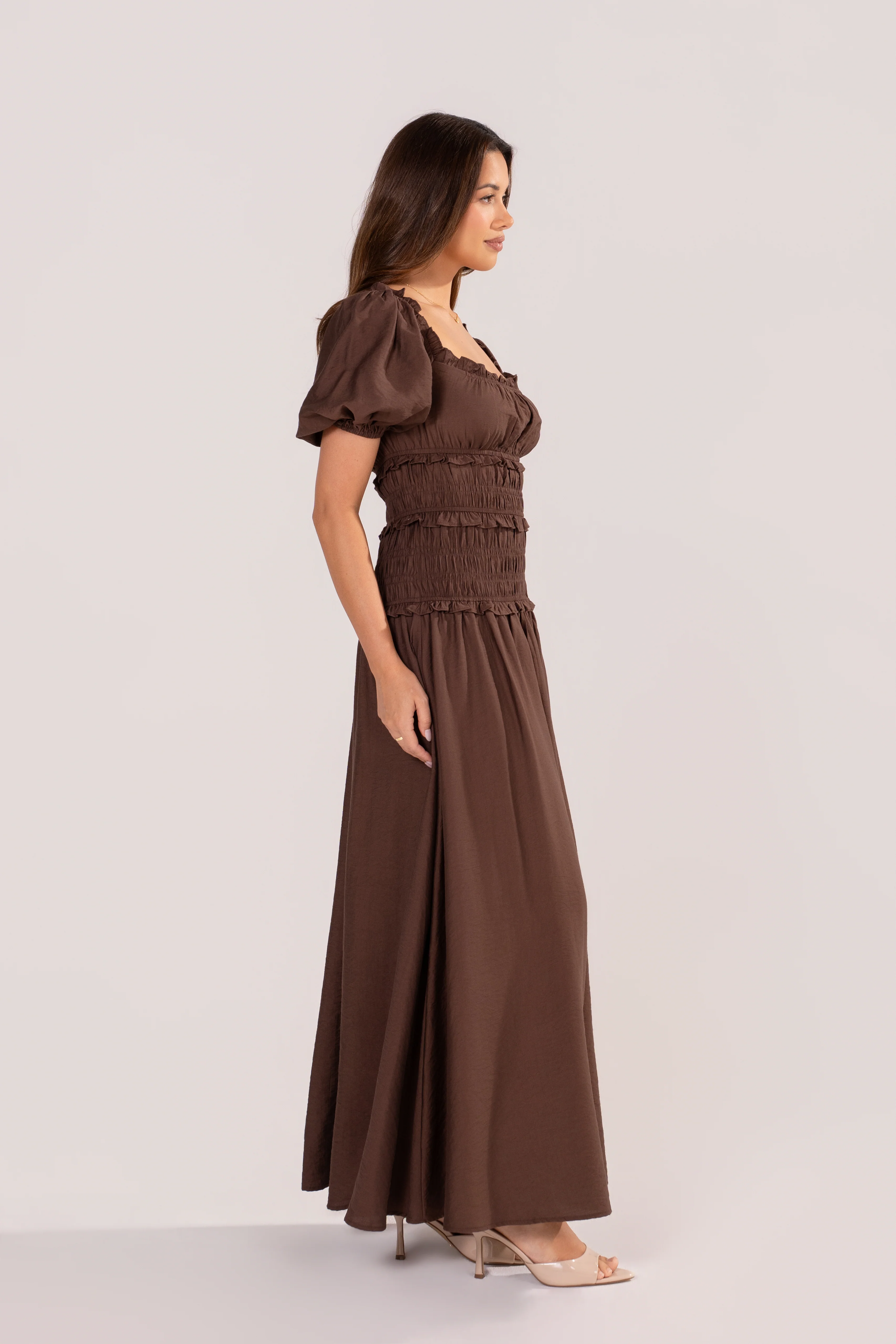 Whitley Chocolate Puff Sleeve Smocked Dress - Image 3