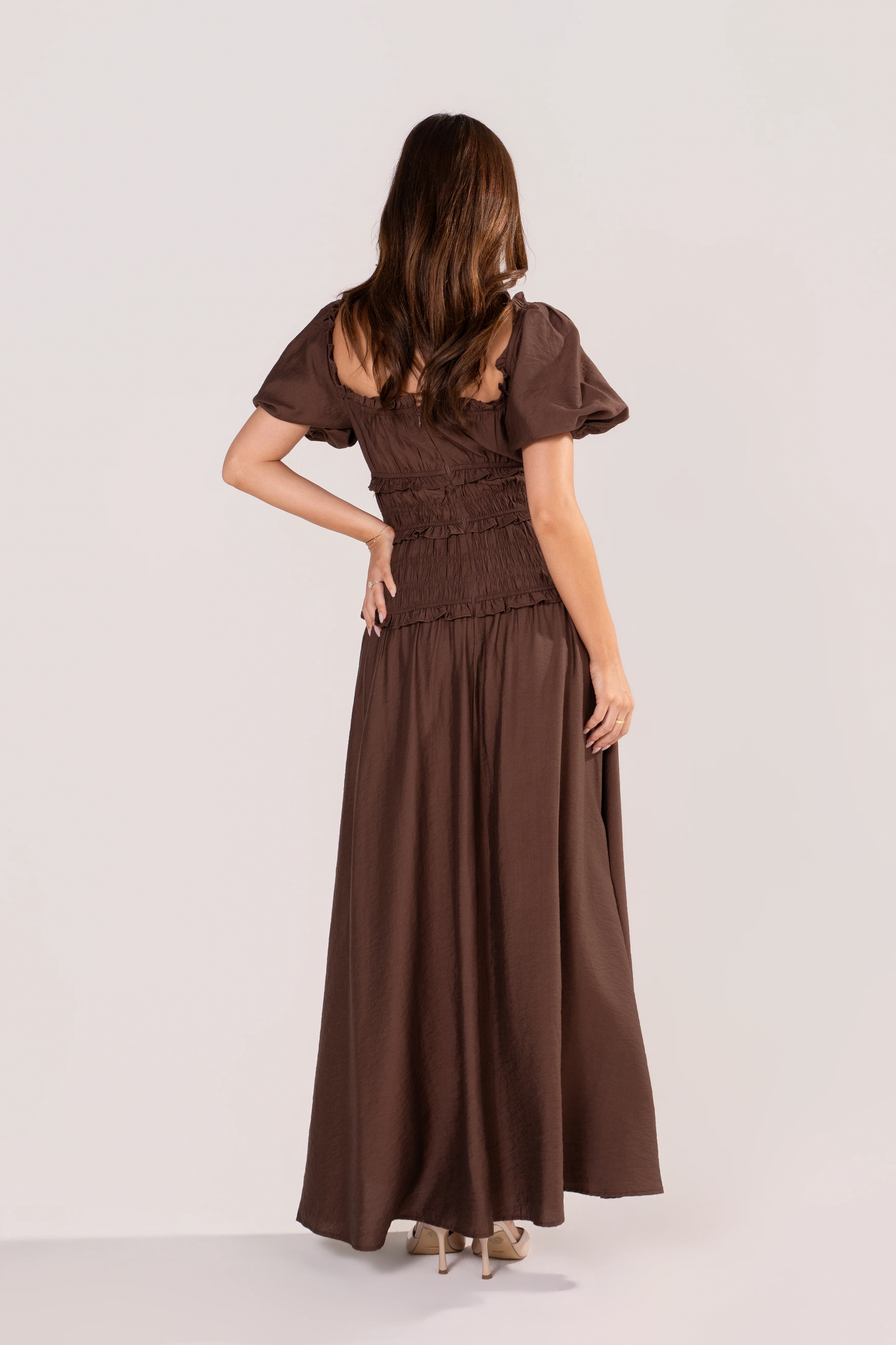 Whitley Chocolate Puff Sleeve Smocked Dress - Image 4