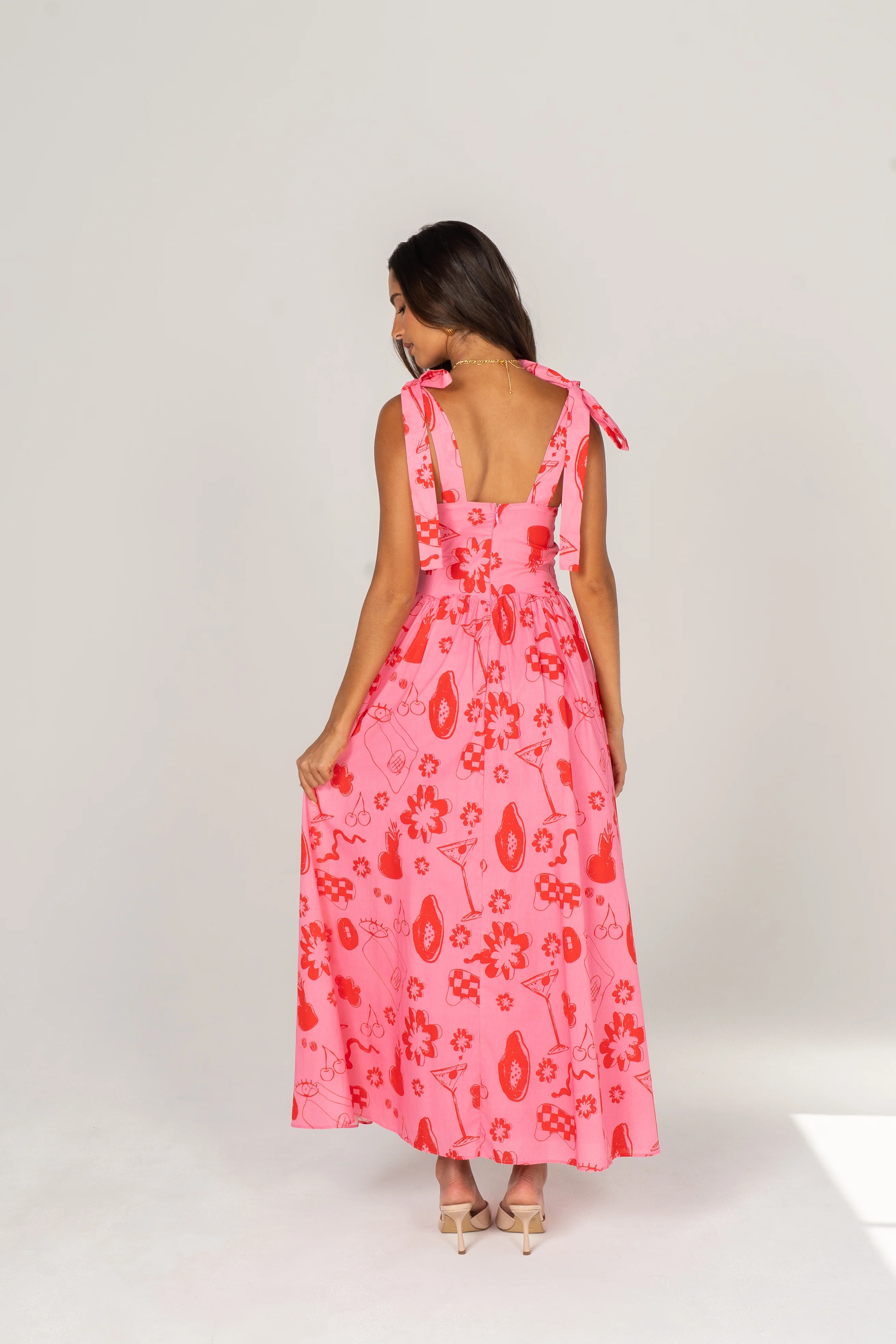 Willa Pink & Red Print Maxi Dress with Shoulder Ties - Image 3