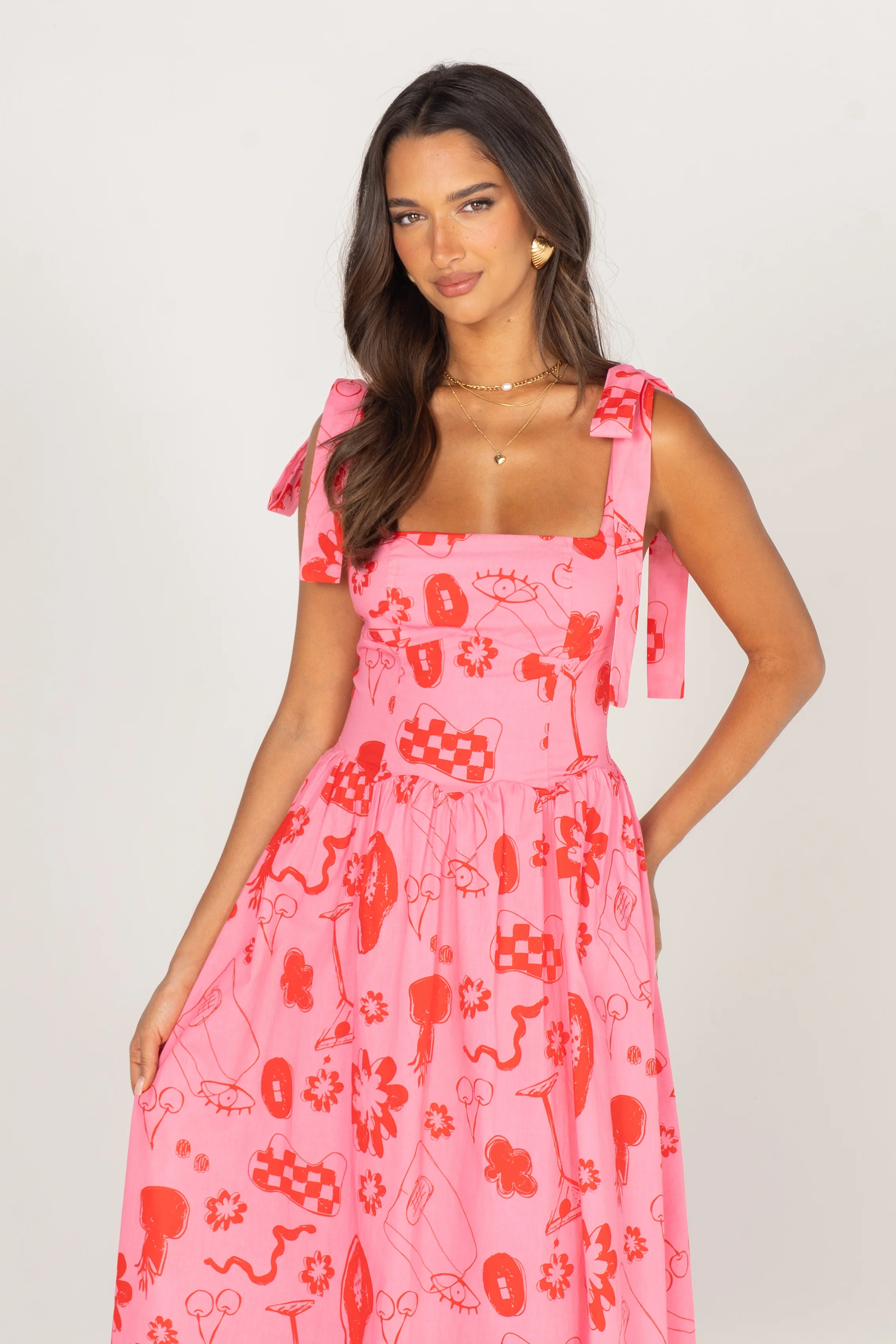 Willa Pink & Red Print Maxi Dress with Shoulder Ties - Image 4