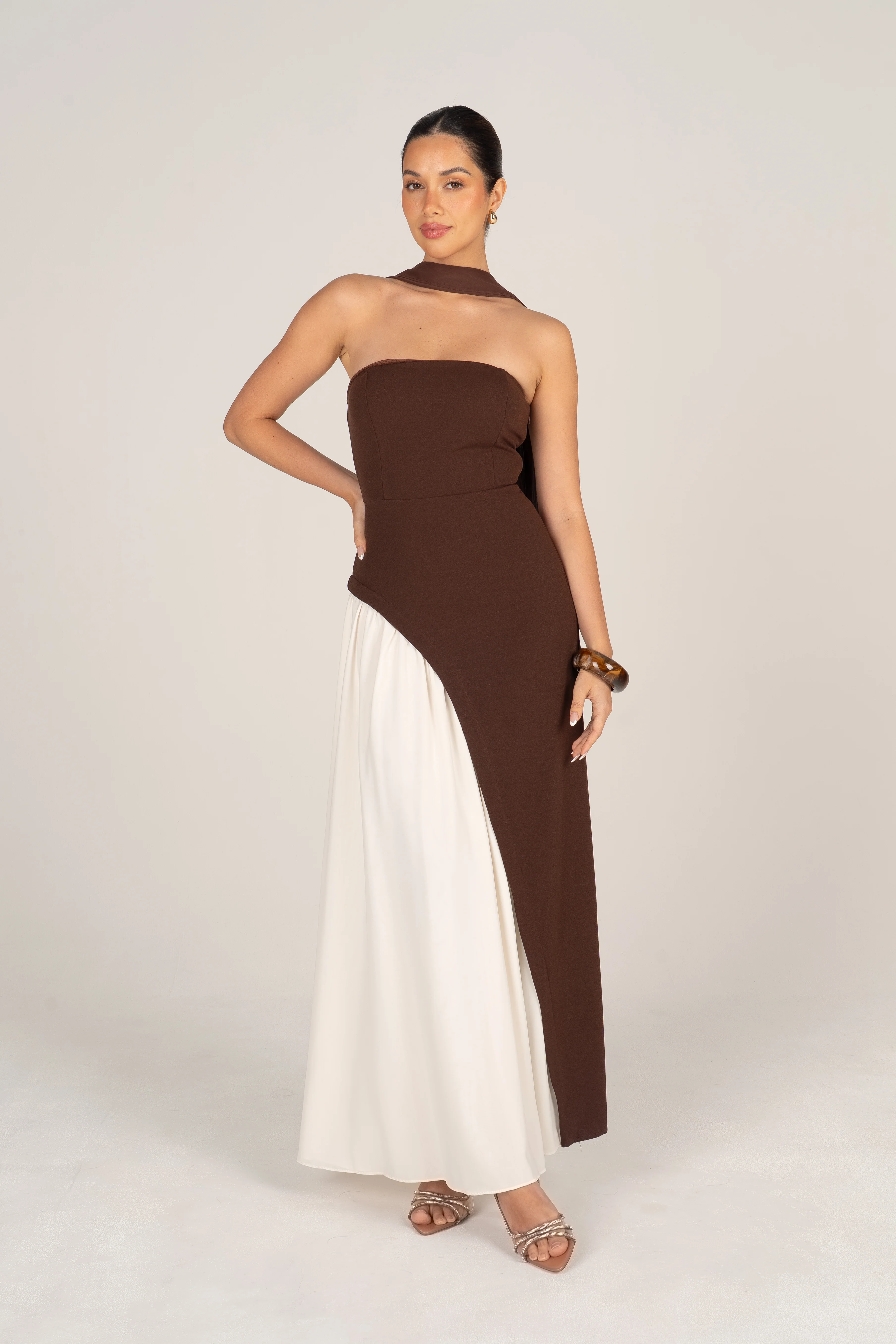 Winona Chocolate Contrast Midi Dress with Detachable Neck Piece