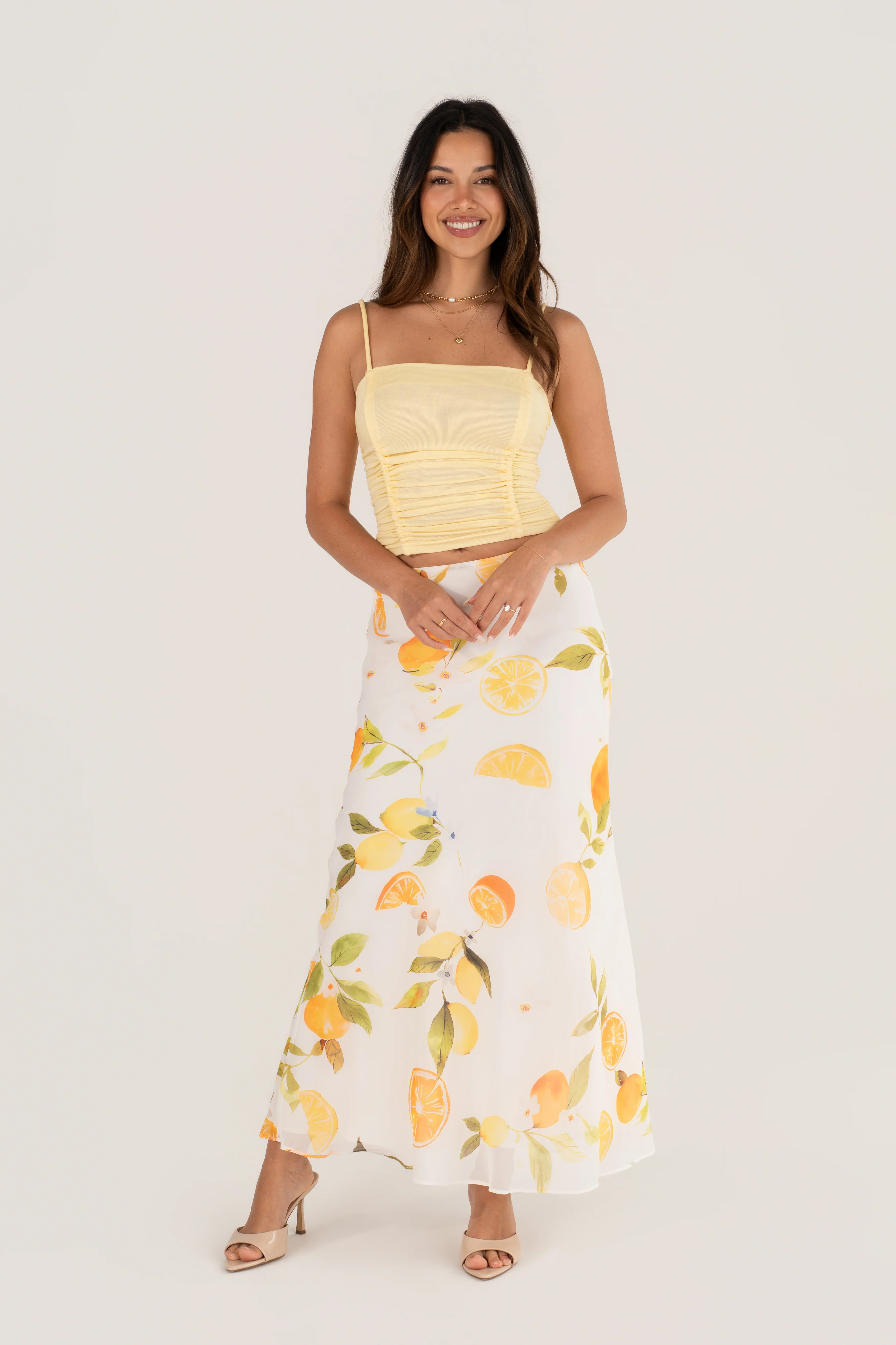 Wren Yellow Ruched Top & Lemon Print Maxi Skirt Set - Image 2