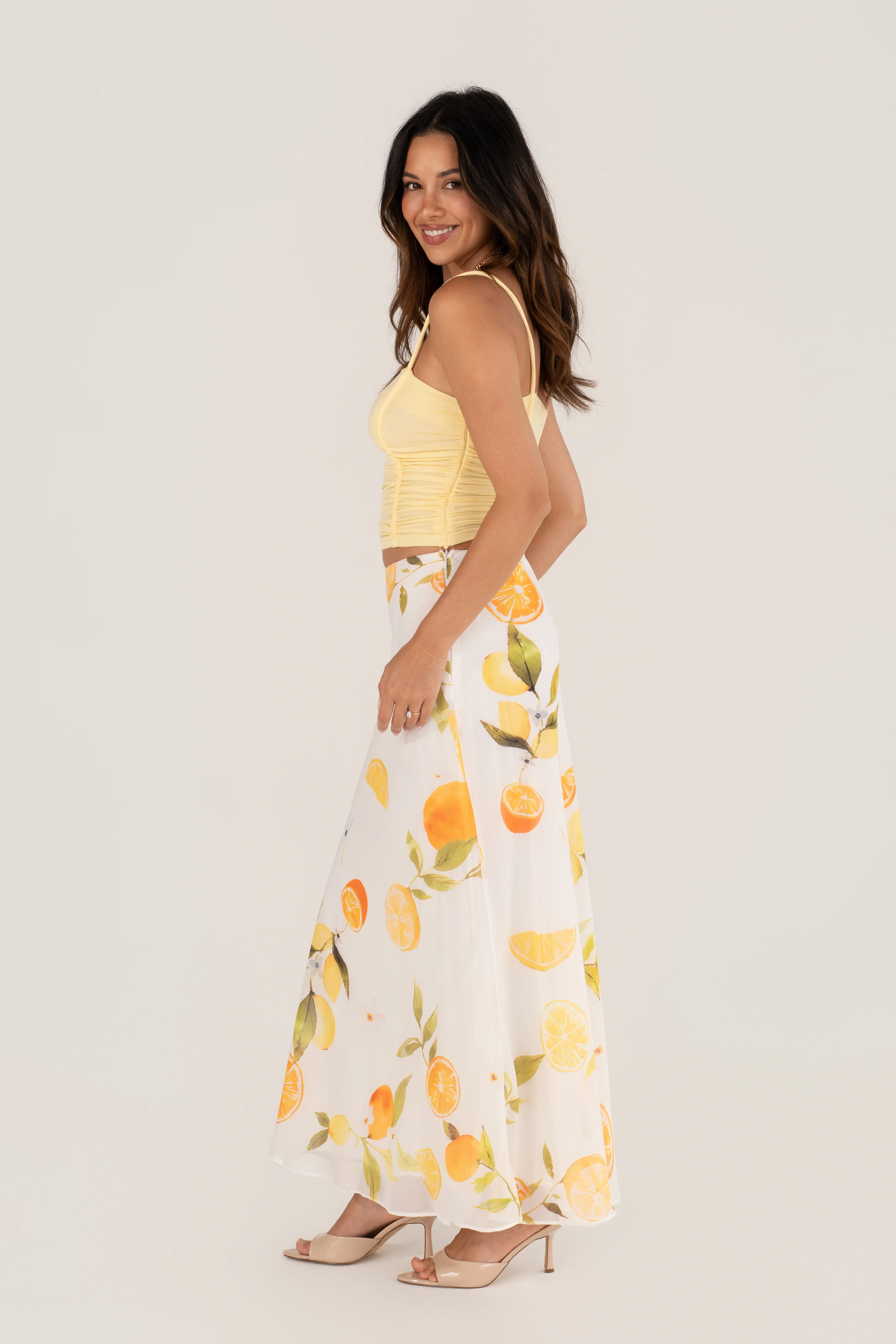 Wren Yellow Ruched Top & Lemon Print Maxi Skirt Set - Image 3