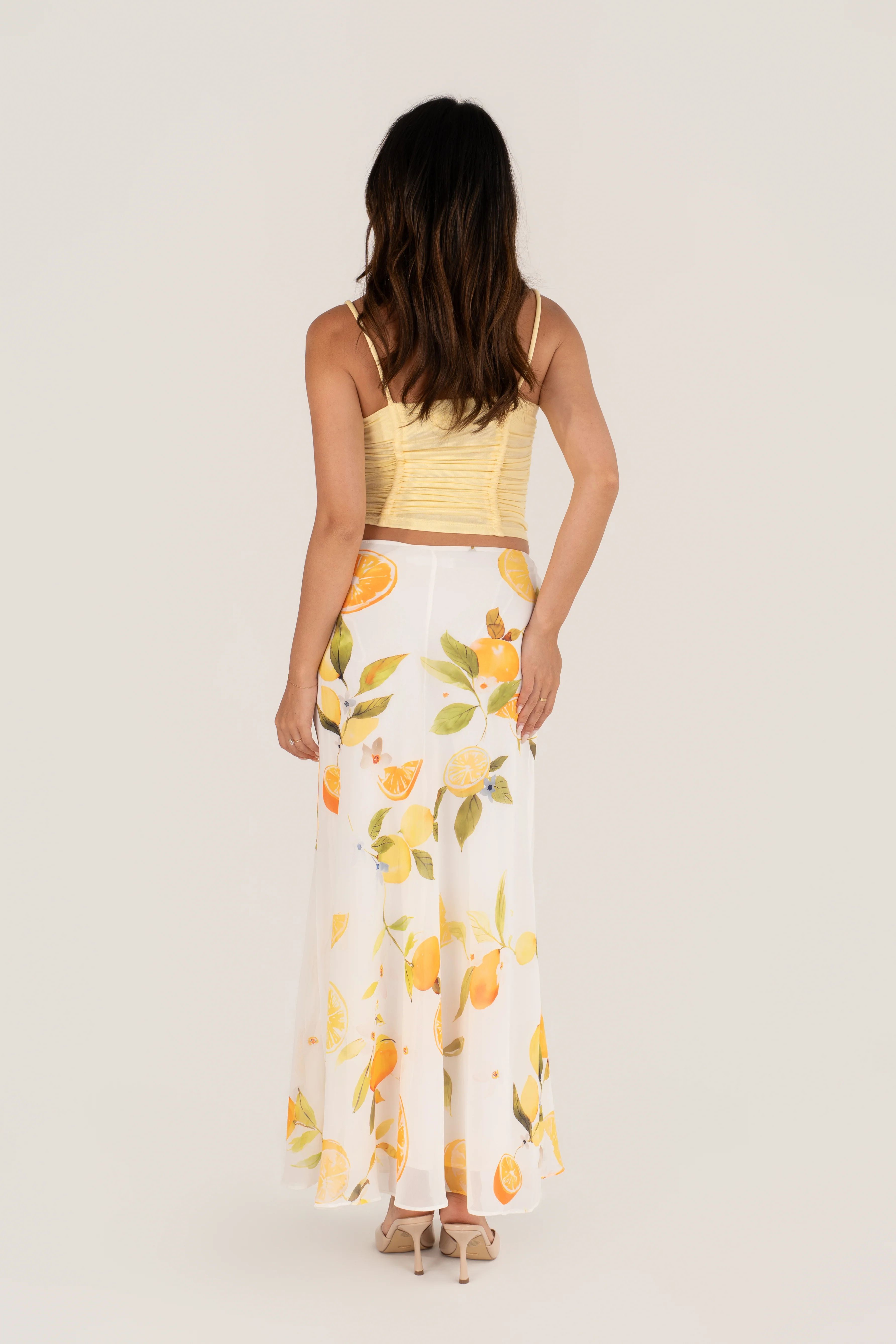 Wren Yellow Ruched Top & Lemon Print Maxi Skirt Set - Image 4