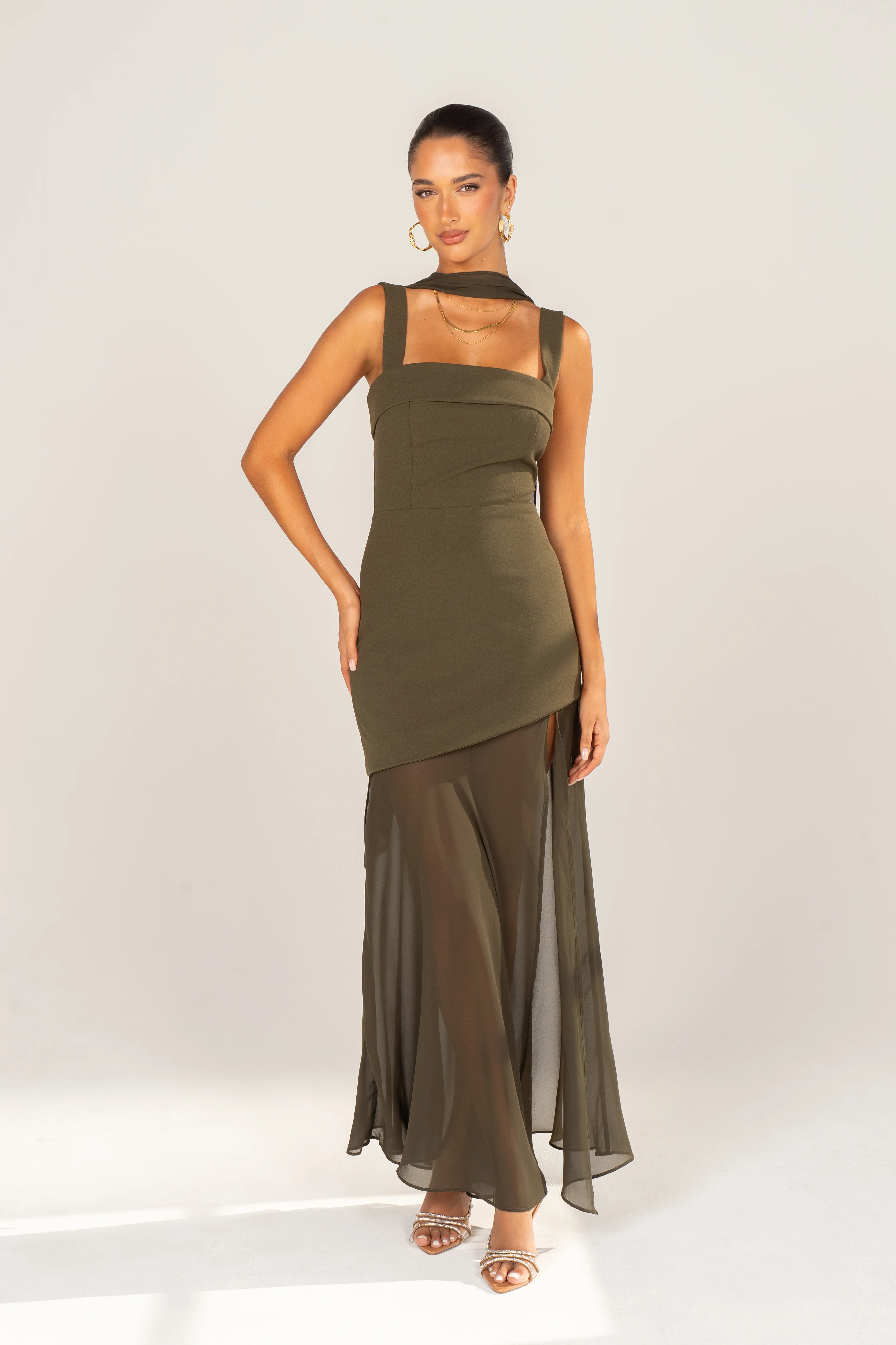 Yelena Olive Asymmetric Midi Dress with Detachable Neck Piece - Image 2