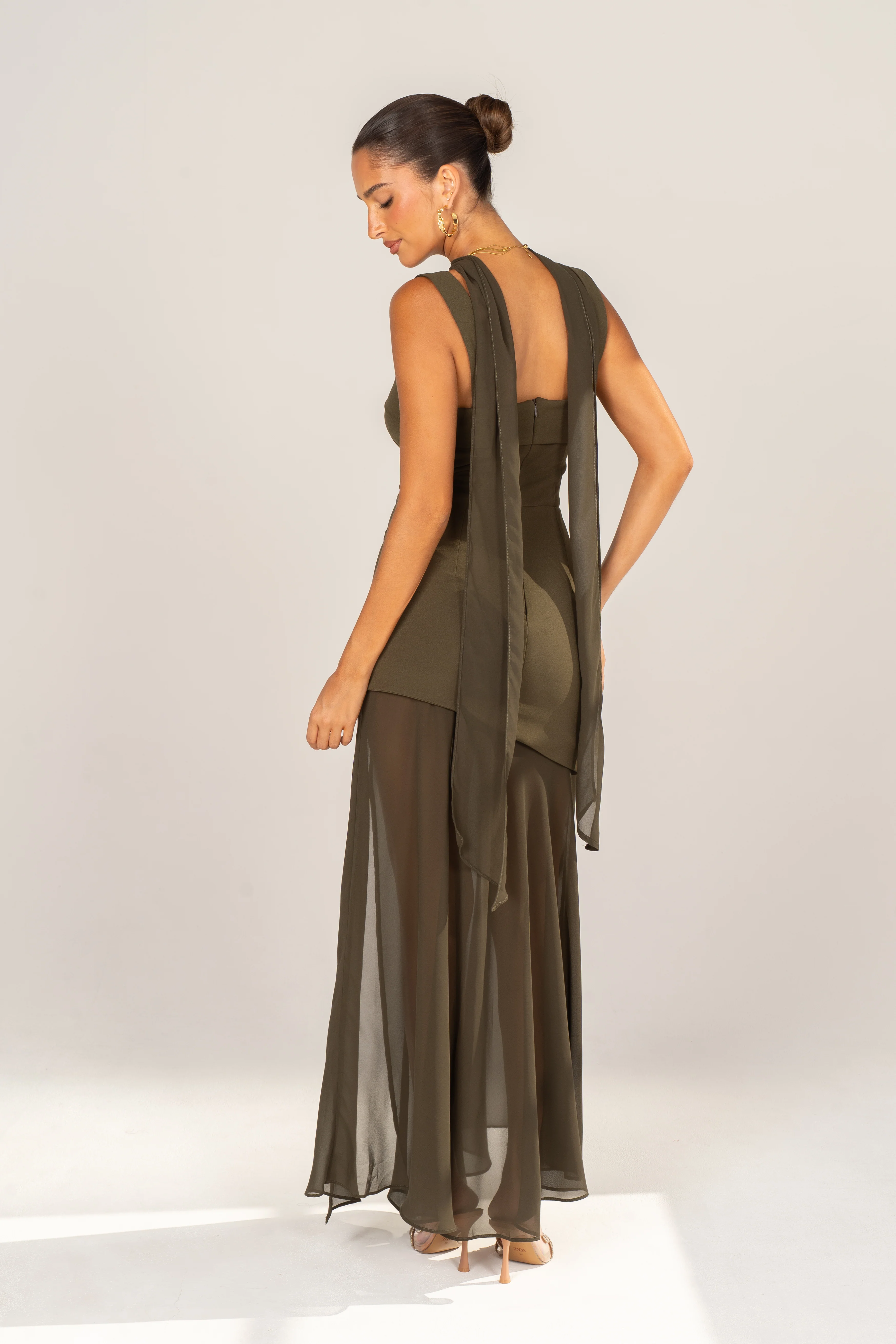 Yelena Olive Asymmetric Midi Dress with Detachable Neck Piece - Image 4