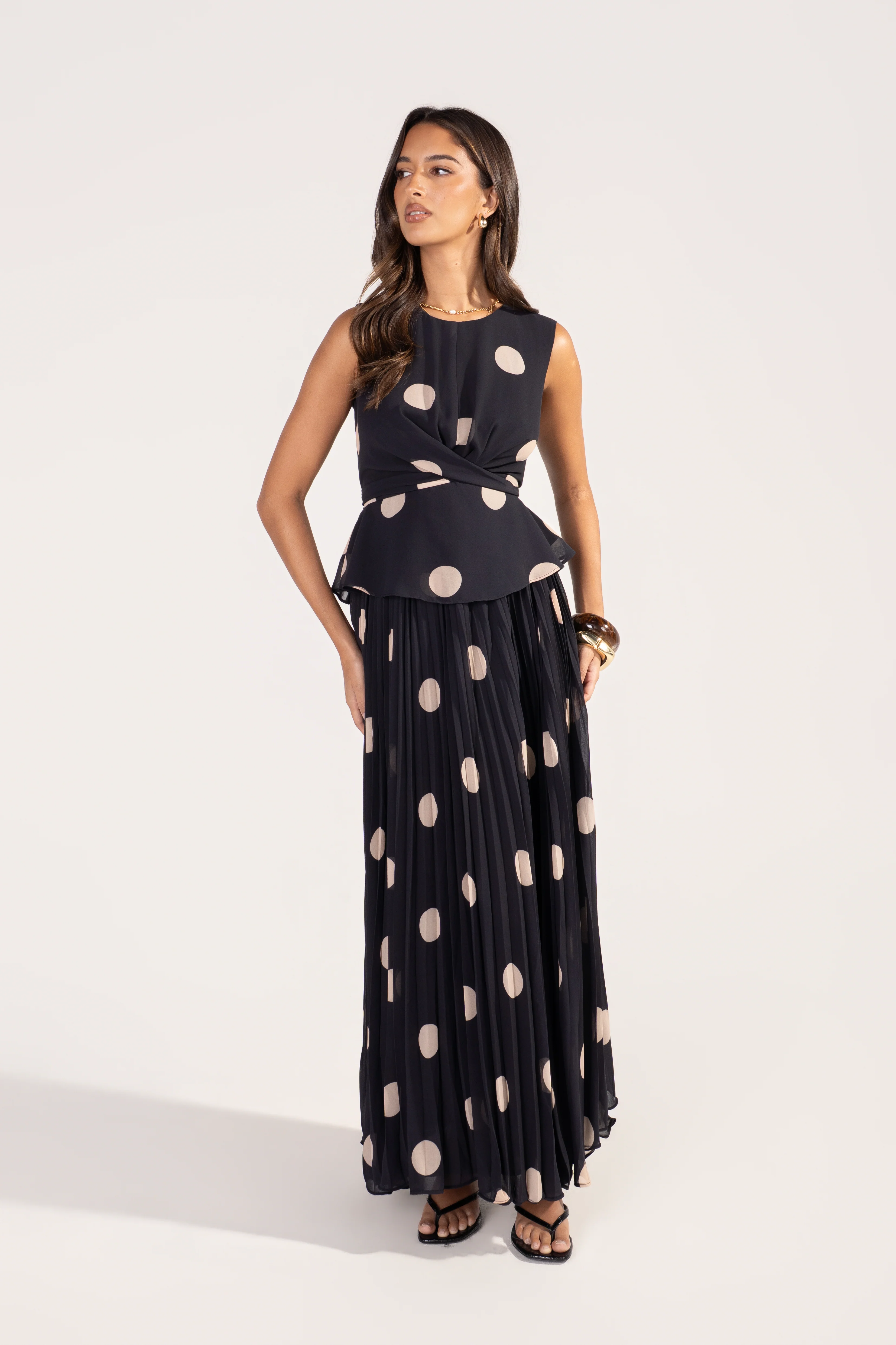 Ysella Polka Dot Peplum Top & Maxi Skirt Set