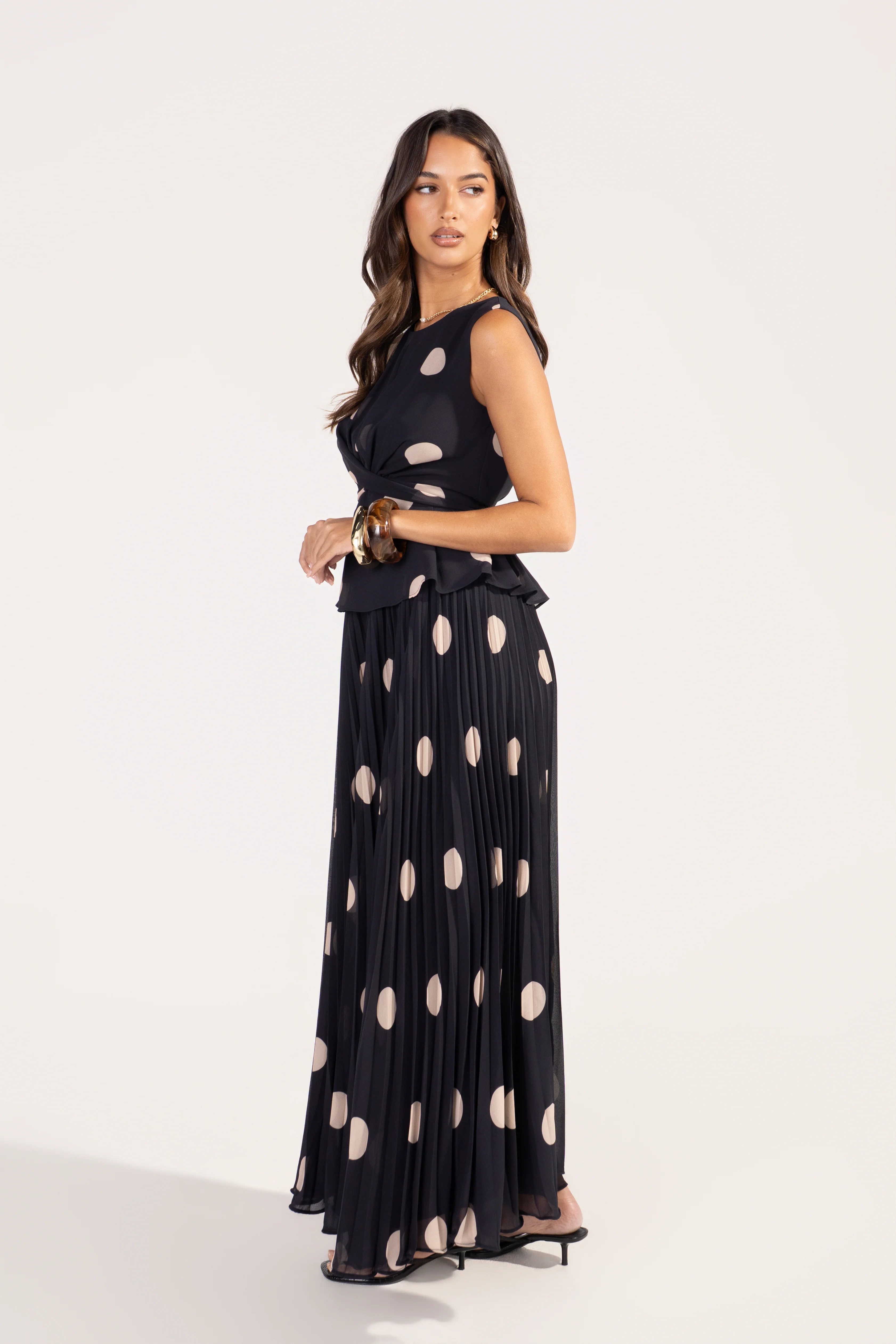 Ysella Polka Dot Peplum Top & Maxi Skirt Set - Image 2