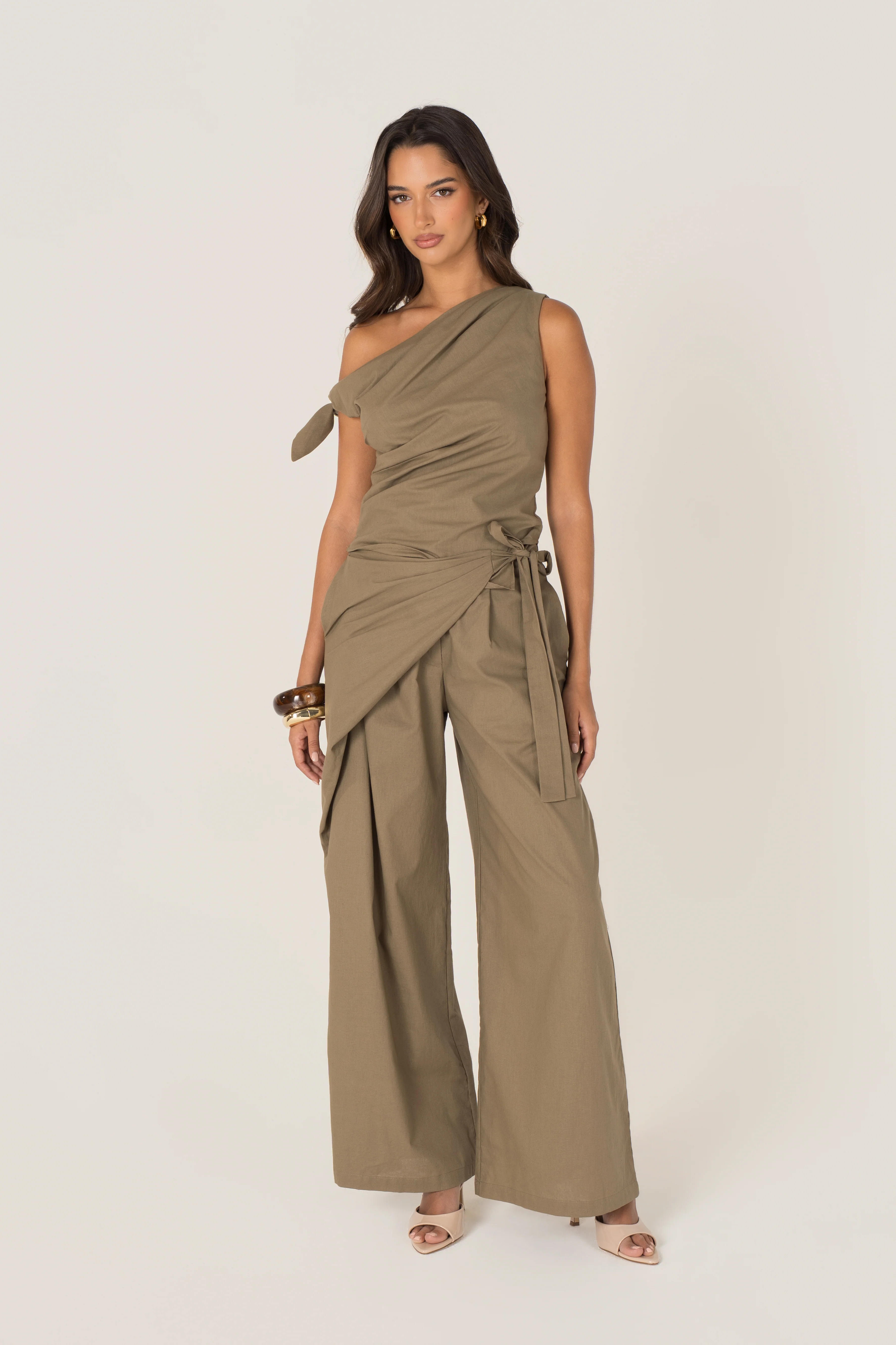 Yvanna Khaki Drop Shoulder Top & Wrap Pants Set