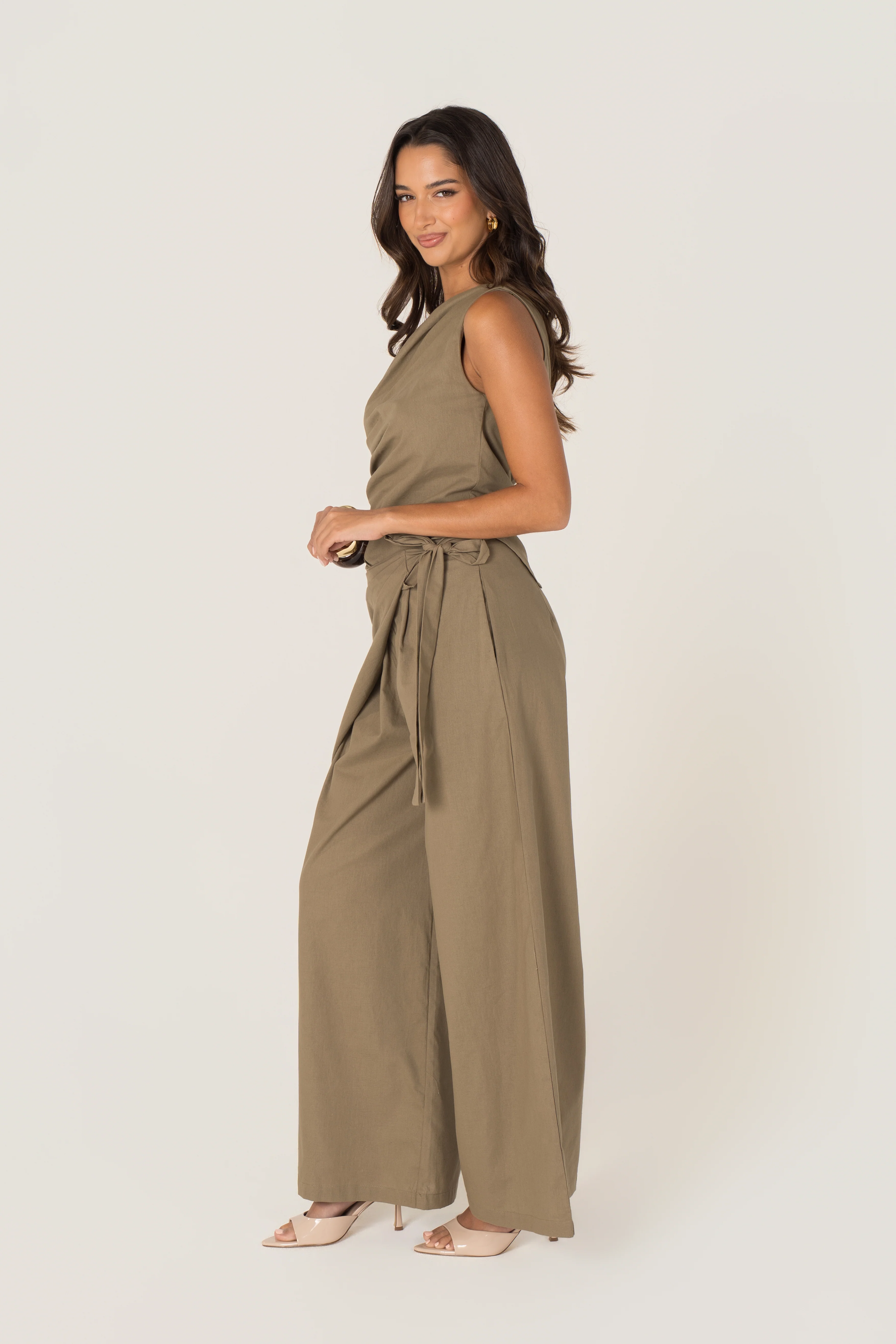Yvanna Khaki Drop Shoulder Top & Wrap Pants Set - Image 2
