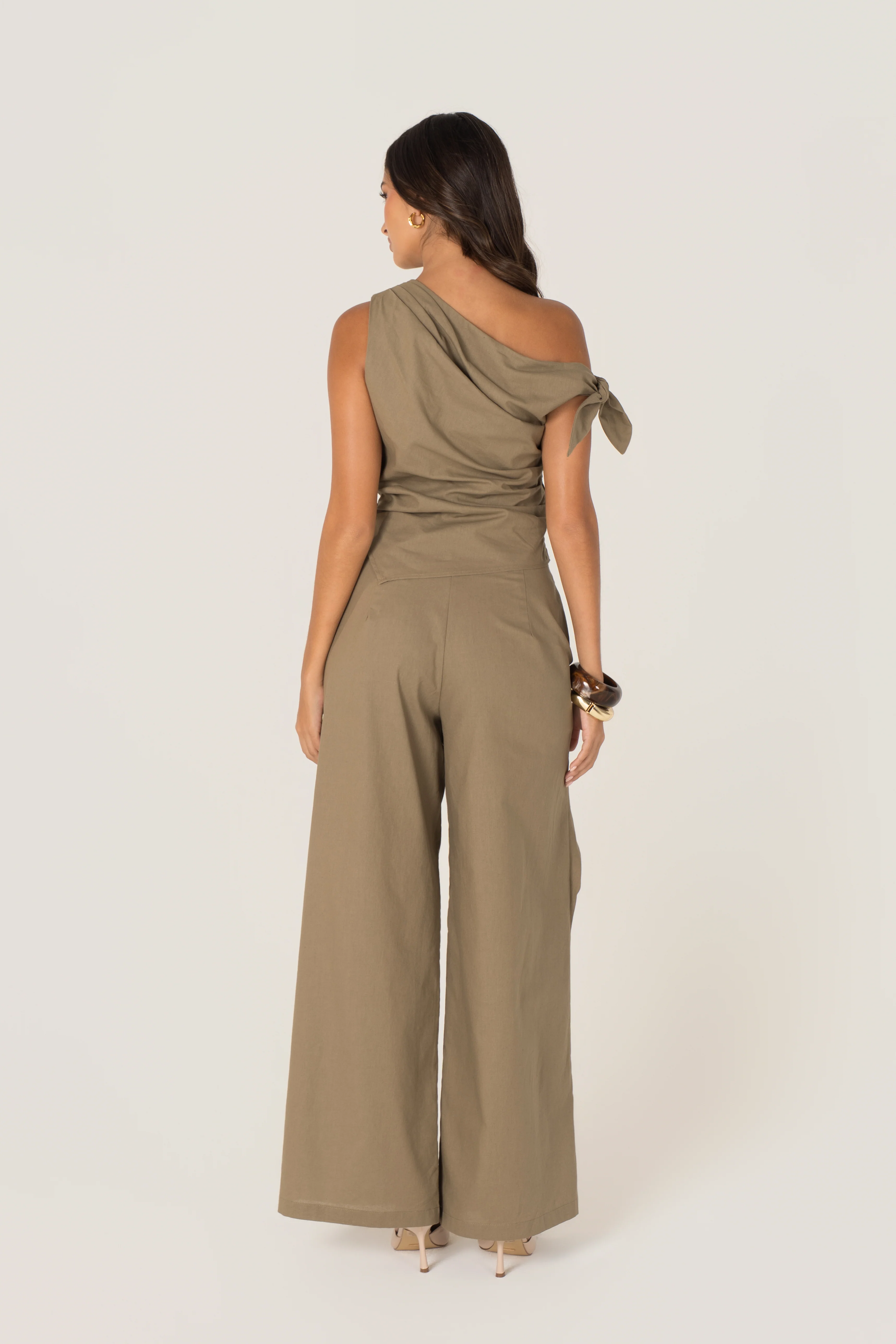 Yvanna Khaki Drop Shoulder Top & Wrap Pants Set - Image 3