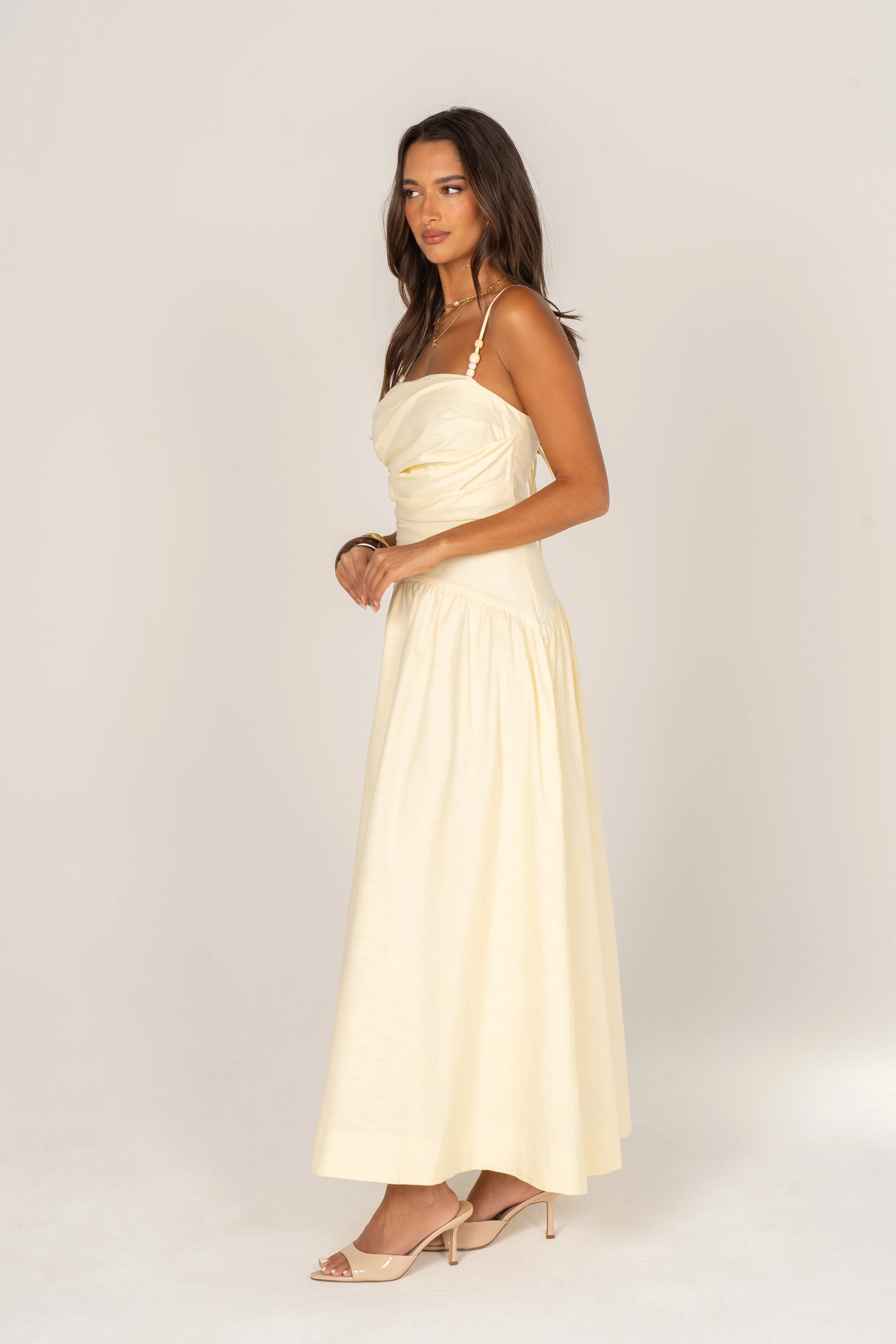 Zelia Soft Yellow Maxi Dress with Beaded Straps - Image 2